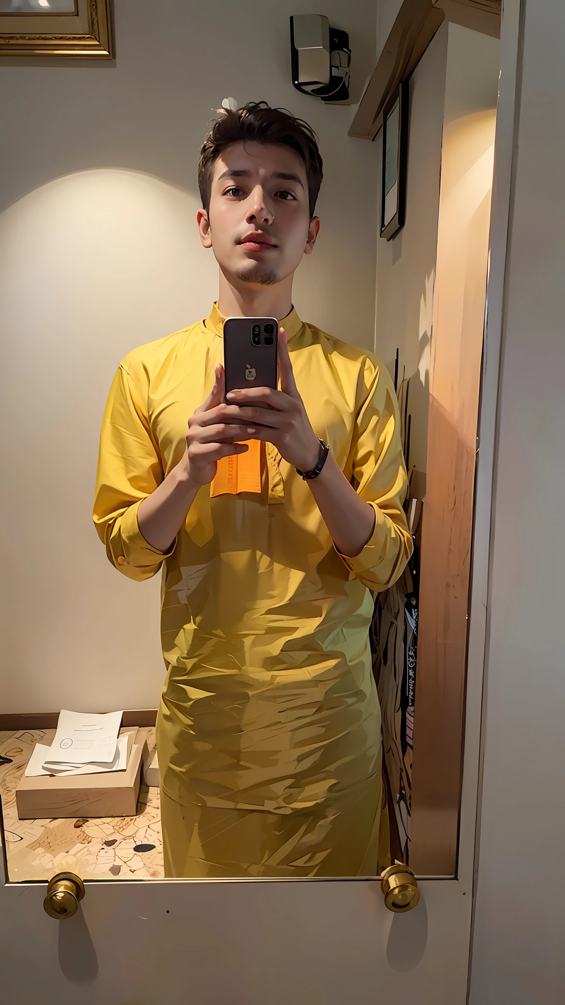 there is a man taking a selfie in a mirror, wearing a kurta, wearing a silk kurta, with yellow cloths, around 1 9 , king in yellow, on a yellow canva, full body picture, wearing a fisher 🧥, wearing wheat yellow gauze, wearing an old tunic, traditional clothes