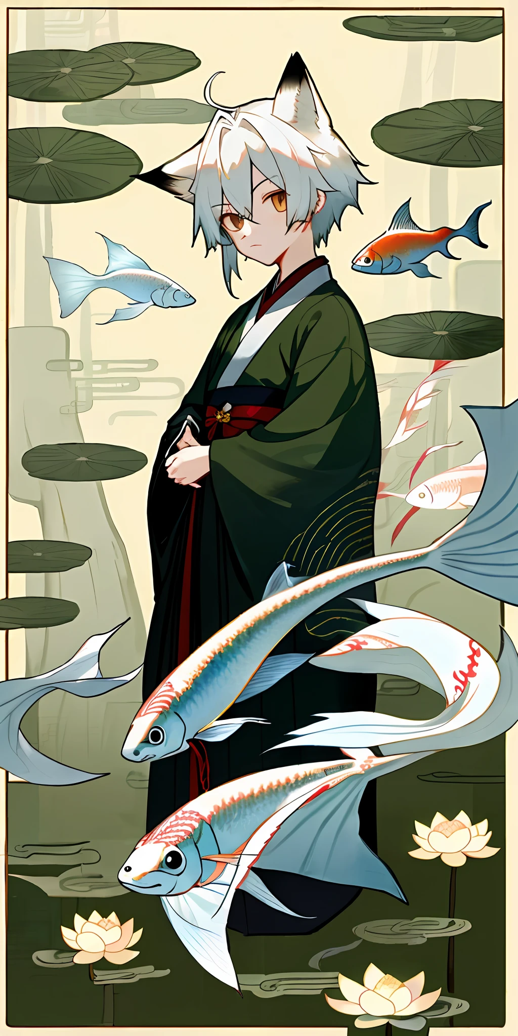 ((4k,masterpiece,best quality)), shuimobysim, Chinese painting, lotus, Hanfu, maxikit, conservatively dressed 1 boy, solo, white hair, fox ears, white, fish, there are many fish near the boy, look at the audience, tease oneeshota ,