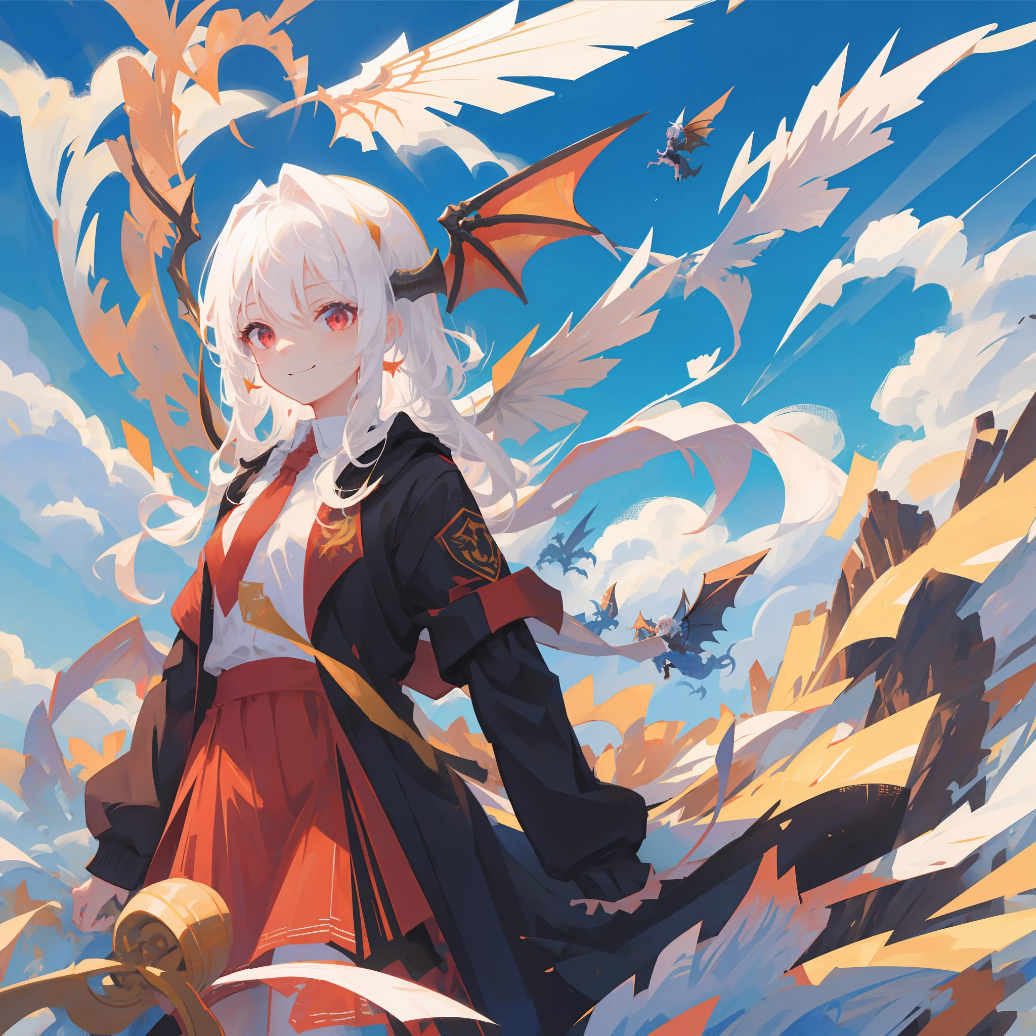 1girl、Dragon、Red eyes、Sharp eye light、Student uniform、Sorrisos、White hair、Dragon Wings、Dragon's horn、Dragon's tail, sky, blue sky, flying