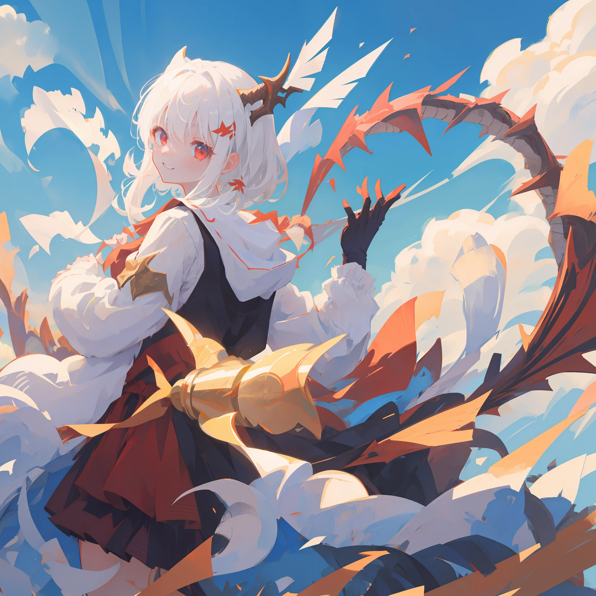 1girl、Dragon、Red eyes、Sharp eye light、Student uniform、Sorrisos、White hair、Dragon Wings、Dragon's horn、Dragon's tail, sky, blue sky, flying