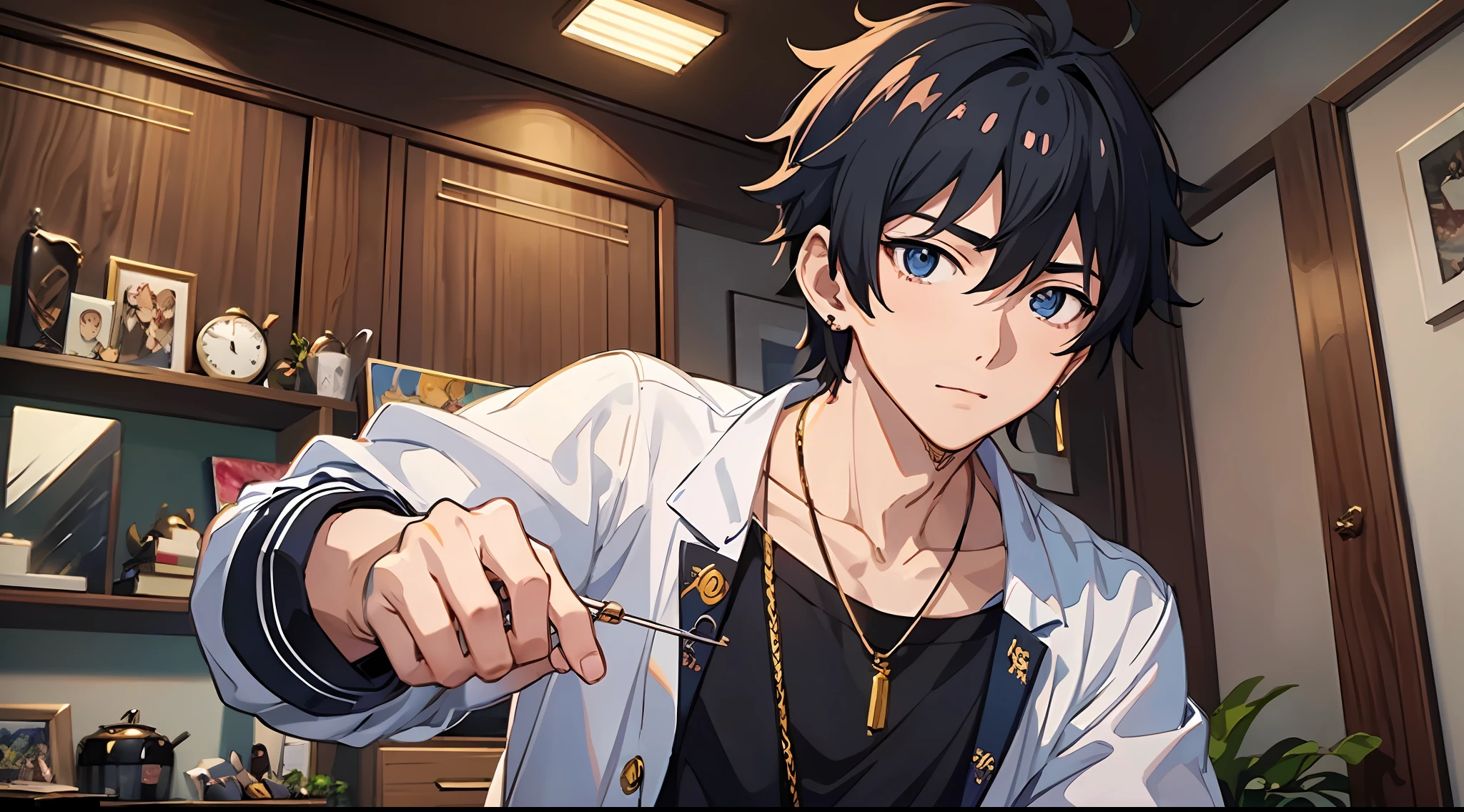 Anime character in white T-shirt standing in the living room of the villa,Tall anime man with blue eyes,young anime man,Anime handsome man,Anime portrait of a handsome man,Anime moe art style,Male anime style,inspired by Okumura Masanobu,male anime character,Anime boys,High quality anime art style,Handsome anime pose,Smooth anime CG art,with short black hair,Black stud earrings,Holding a set of silver needles for acupuncture in his hand,Time is at night