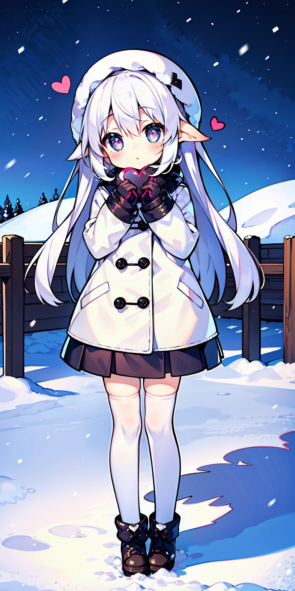 , long hair, cute, heart-shaped pupils, solo, white hair, blush, winter, snow, outdoors, white stockings, standing