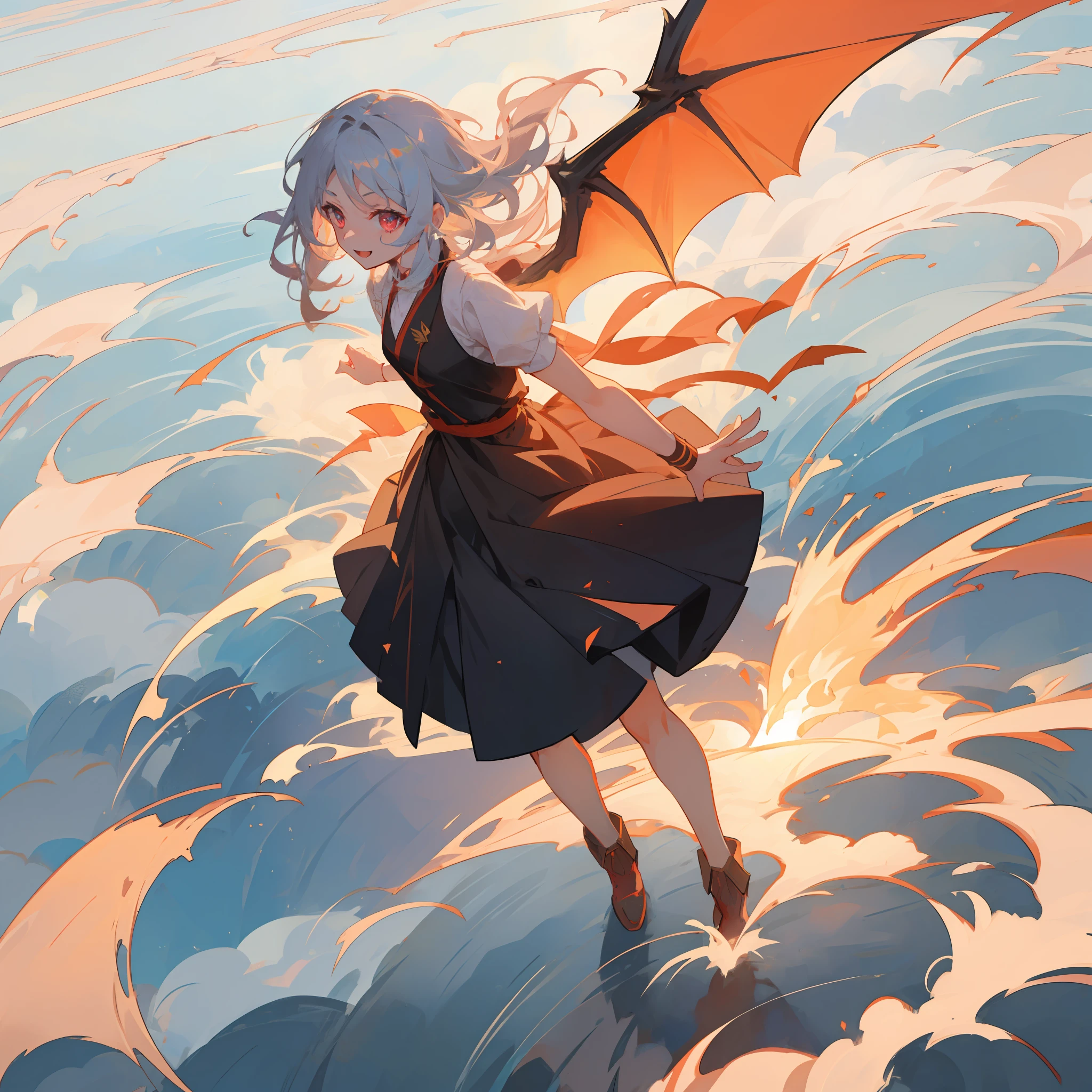 1girl、Dragon、Red eyes、Sharp eye light、Student uniform、Sorrisos、White hair、Dragon Wings、Dragon's horn、Dragon's tail, sky, blue sky, flying