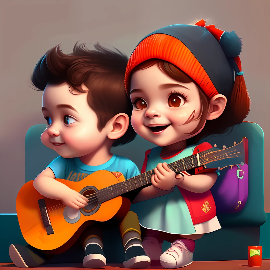 portrait of a cute boy with guitar in hand and girl with cute smile,  digital art , trending artstation, 4k, high detail