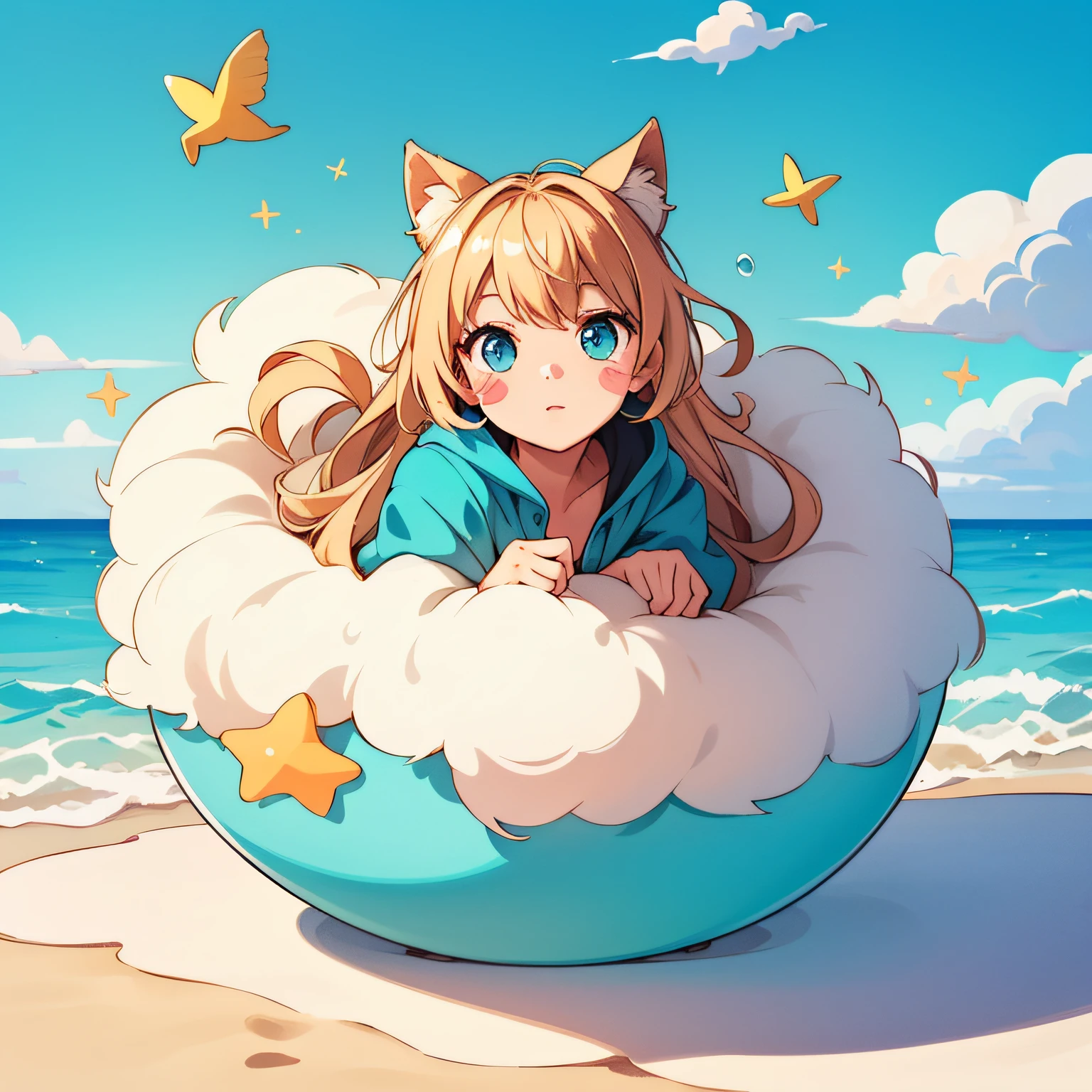 Fluffy cute ball that is a beach, sandy fluff, seashells, aqua blue eyes, floating in the ocean, masterpiece, best quality, ((In Sticker style))