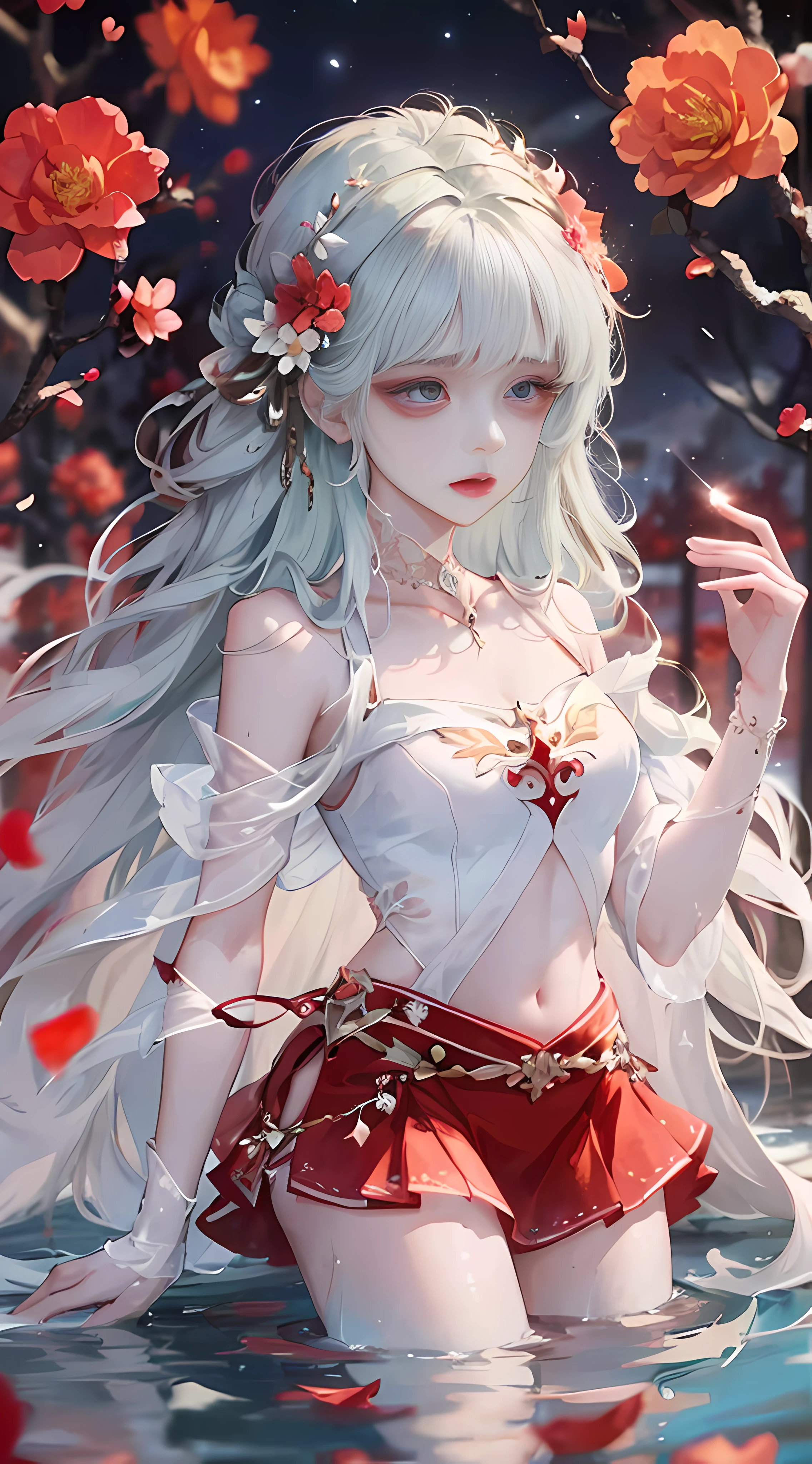 close-up, (beautiful girl), garlic, flower, (beautiful girl), bust photo, moist lips, sad eyes, long white hair, smooth and delicate skin, ((red clothes)), red long skirt, open thighs, brilliant and colorful, fantasy art, mysticism, dream scene, dream, dream light, seduction, psychedelic, misty halo, (((night)), river bank, full of flowers on the other side, dreamy, flying red tiny petals, red fluorescent petals, fluorescent flowers, Fluorescent flowing water, standing in water, shallow water, master works, extreme detail, planing correctly, correct limbs, accurate, hud, high definition, exquisite details, 8K, red light