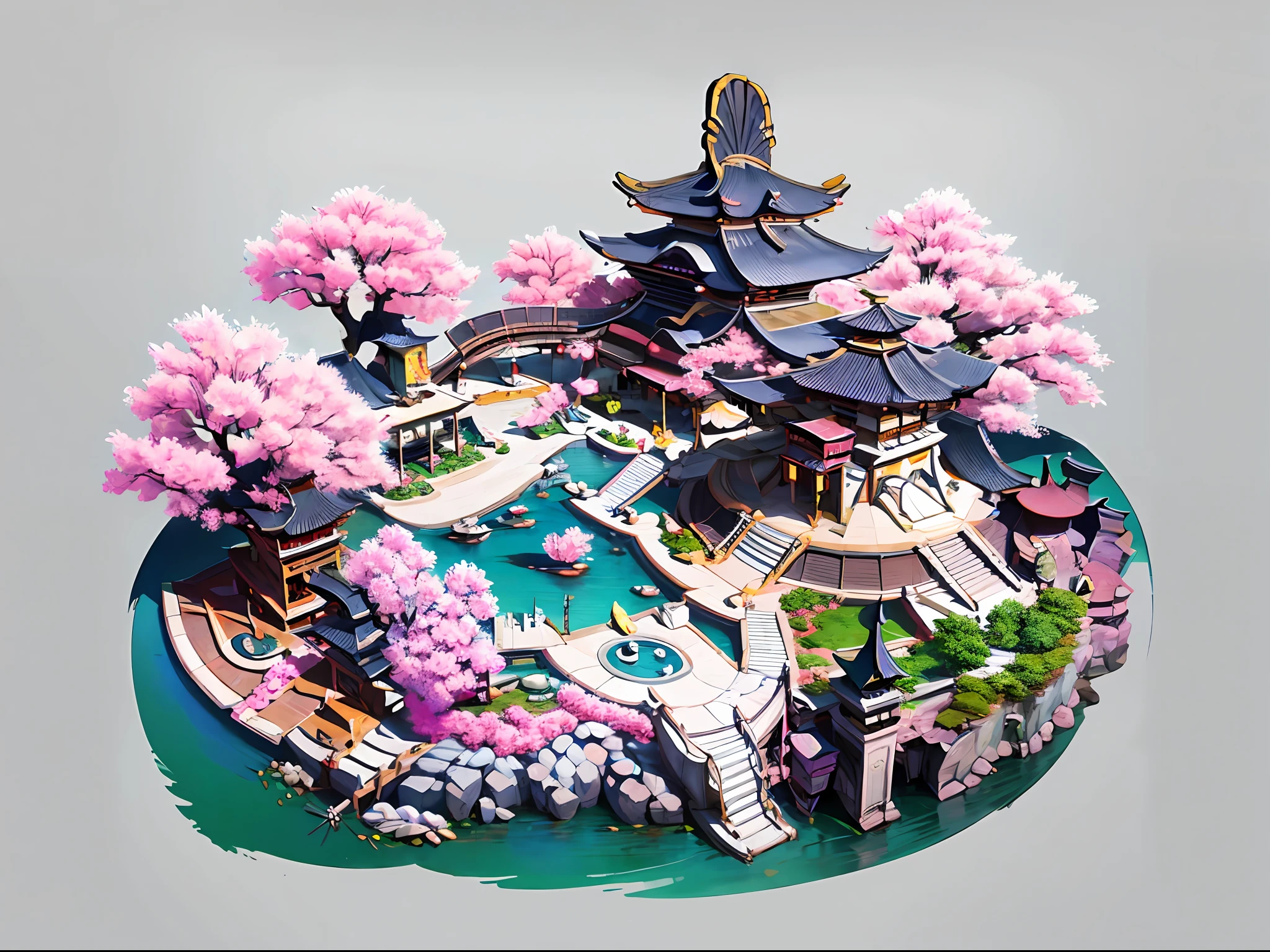 Ancient Chinese architectural design，Game Building、Ancient restaurant、cherry blossom tree，White background，the panorama，Wide-Angle，viewed from bird's-eye，master-piece，best qulity，16k