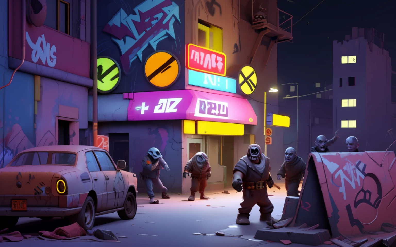 HighestQuality,multiple persons,There is a group of zombies around,In the middle stands a hero with a weapon and fighting zombies,Zombies fall around,Night scene,street corner,Covered with graffiti marks,cartoon character,Run-down streets,Abandoned factories,There are no neon lights