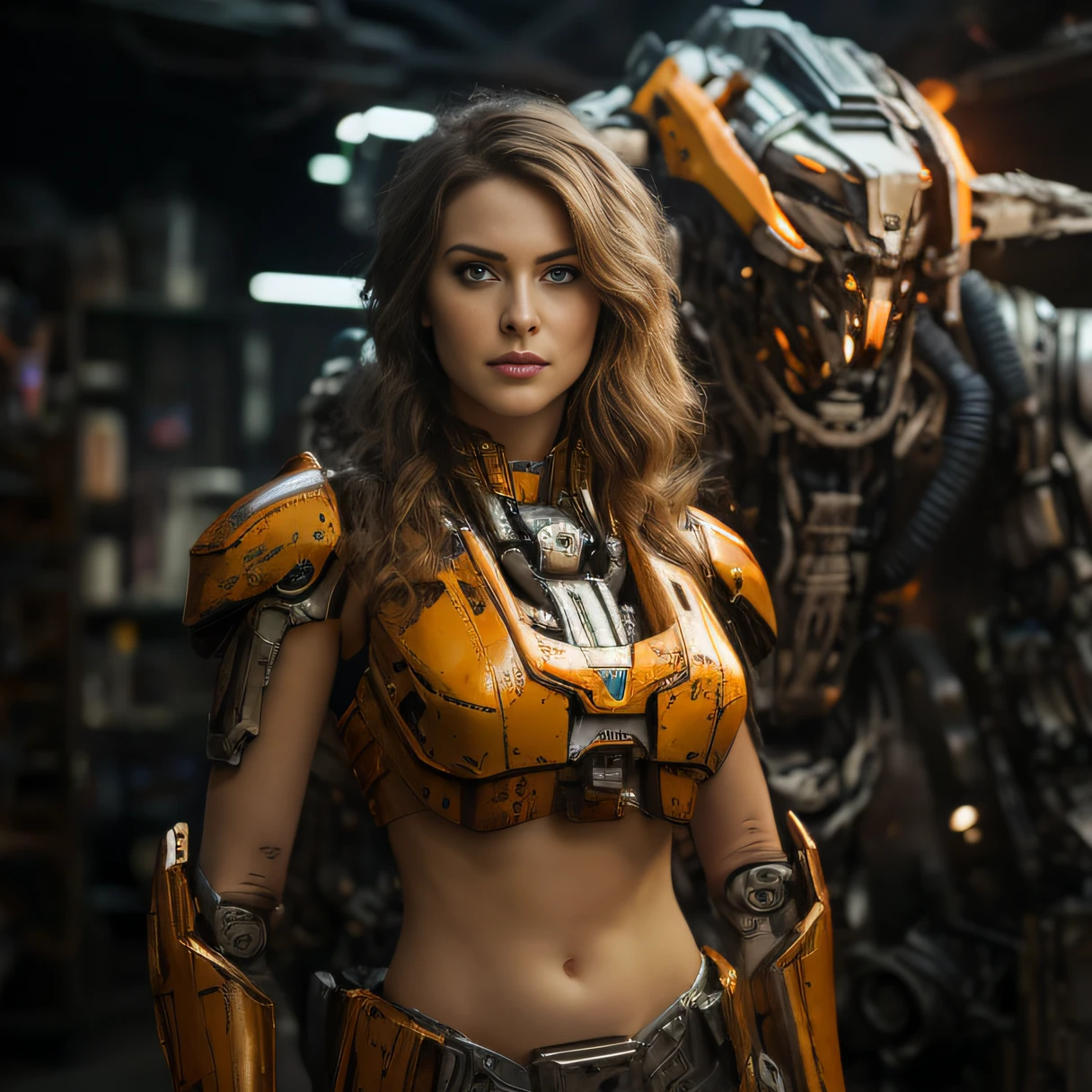 （Cinematic masterpiece, detailed blockbuster feel）There are beautiful women in the picture, and in the picture, there is a very large mechanical armor robot standing in the back, there is a very large mechanical battle suit standing in the back，fusion of Pacific Rim robot style and Gundam series robot style,fine structure, super high quality, perfect lighting, shadows, realistic proportions, metallic texture, best quality, art, masterpiece, illustration, color grading, emphasis on one-eighth rendering, trendding on artstation, 8K, detailed, super detail, anime, high detail, art station, art, sacred, movie, edge lighting, soft focus, light and dark contrast, best quality, movie lighting, super high definition, 3D rendering, game original art anime character concept design, 8K ，an overlord character who looks like she has bright blue eyes, in the style of futuristic spacecraft design, krenz cushart, dark silver and light silver, puzzle-like pieces, minolta srt-101, uhd image, impressive panoramas，Realistic, ultra-high resolution