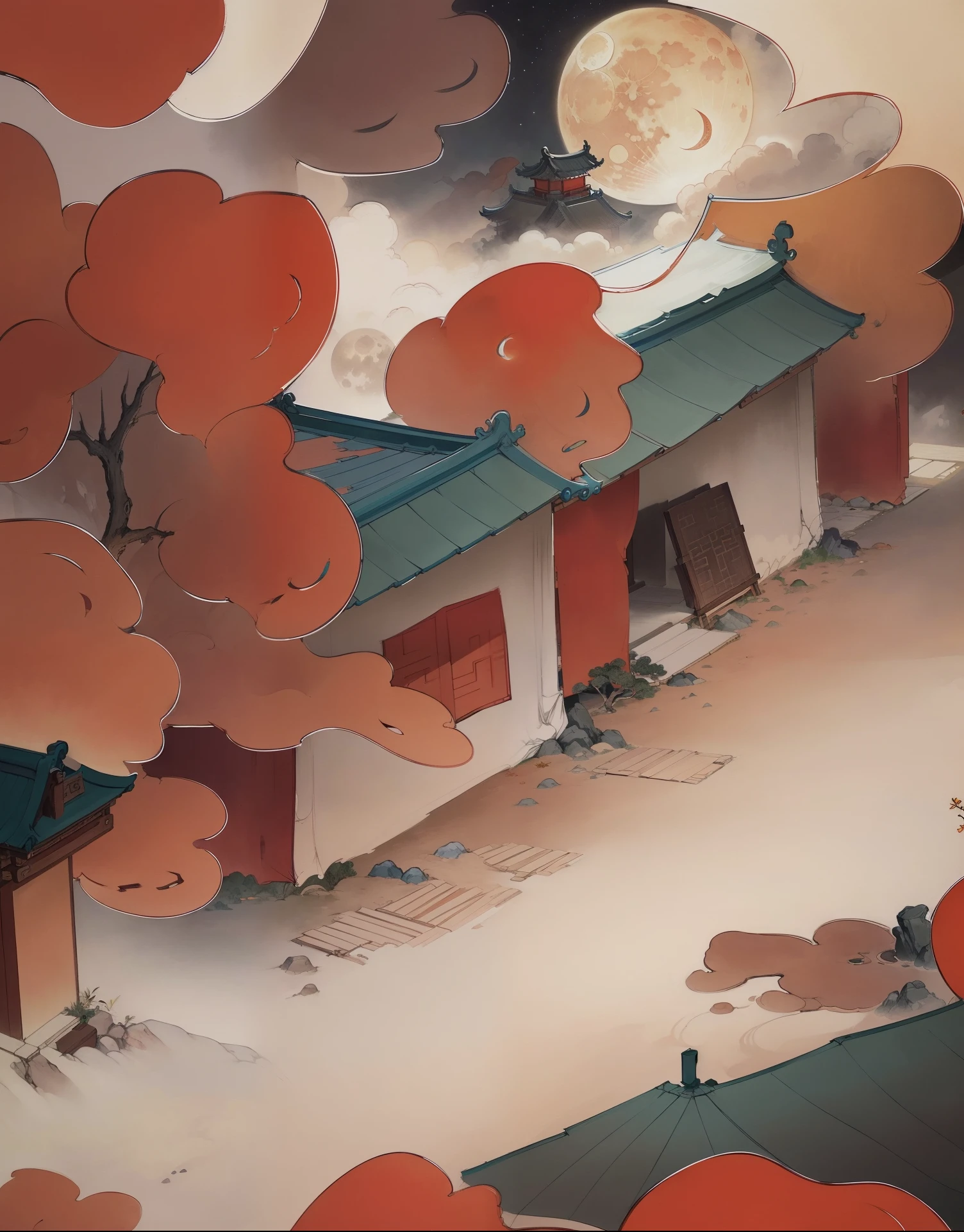 Ancient Chinese landscapes，ancient buildings，Pavilions，Carved beams and paintings，enchanting scenery，night，moon rays，Layered, rich light and shadow,mid-autumn festival, Ink painting style，clean color，Low-saturation colors，Colors of low brightness，Decisive cut，Leave white space，Freehand，master-piece，is super detailed，Epic composition,  Maximum quality，The ultra-Realistically，Art by Artgerm --v 6