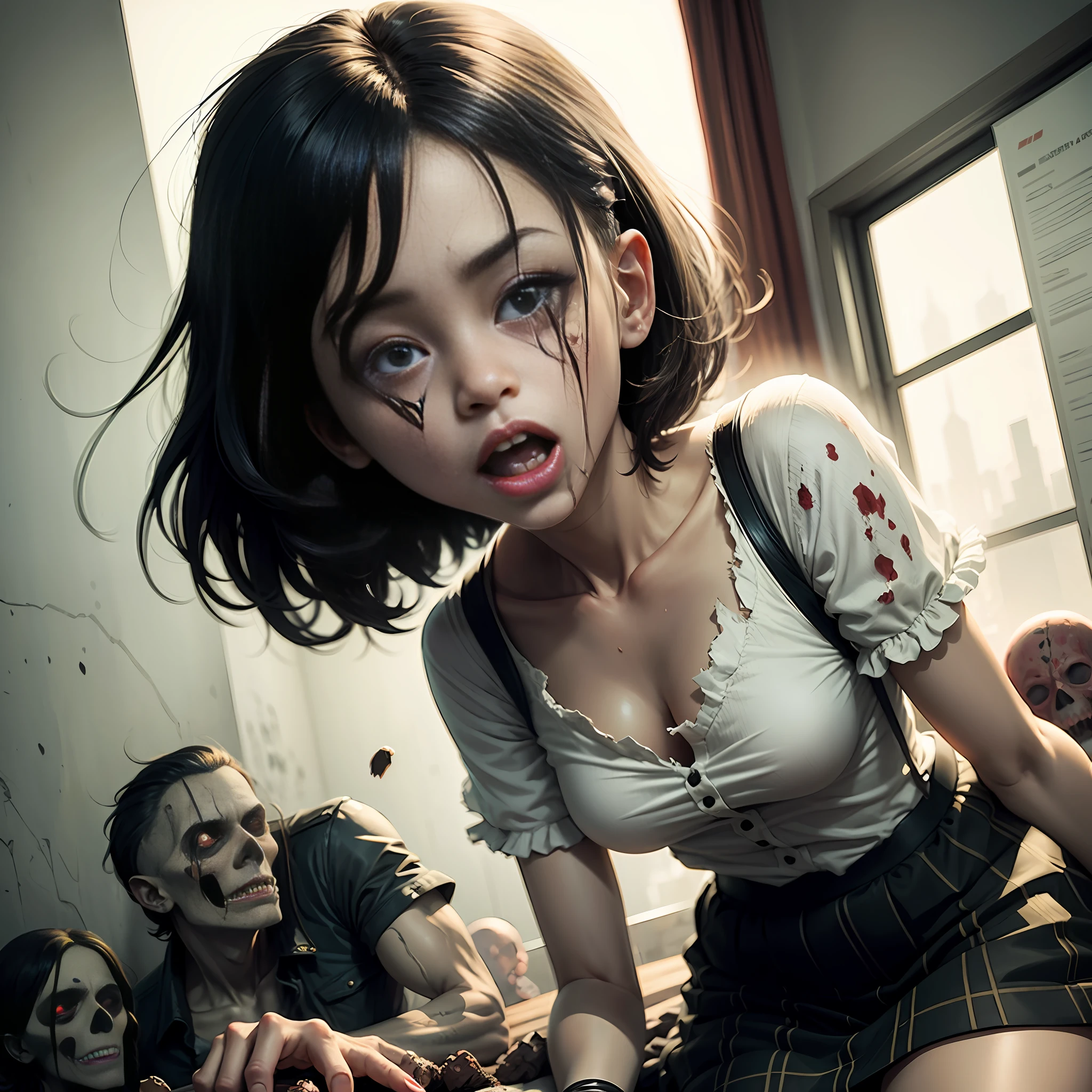 School black-haired anime girl torn and bitten by zombie horde