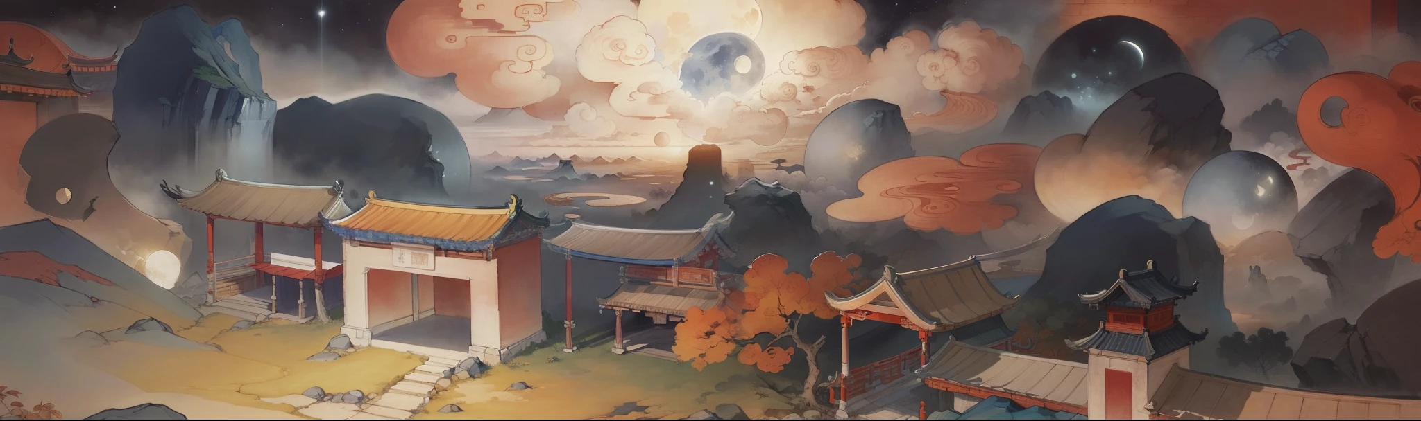 Ancient Chinese landscapes,ancient buildings,Pavilions,Carved beams and paintings,enchanting scenery,night,moon rays,Layered, rich light and shadow,mid-autumn festival, Ink painting style,clean color,Low-saturation colors,Colors of low brightness,Decisive cut,Leave white space,Freehand,master-piece,is super detailed,Epic composition, Maximum quality,The ultra-Realistically,Art by Artgerm --v 6