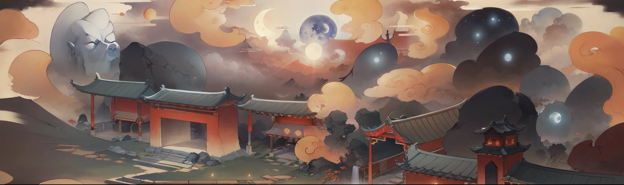 Ancient Chinese landscapes，ancient buildings，Pavilions，Carved beams and paintings，enchanting scenery，night，moon rays，Layered, rich light and shadow,mid-autumn festival, Ink painting style，clean color，Low-saturation colors，Colors of low brightness，Decisive cut，Leave white space，Freehand，master-piece，is super detailed，Epic composition,  Maximum quality，The ultra-Realistically，Art by Artgerm --v 6