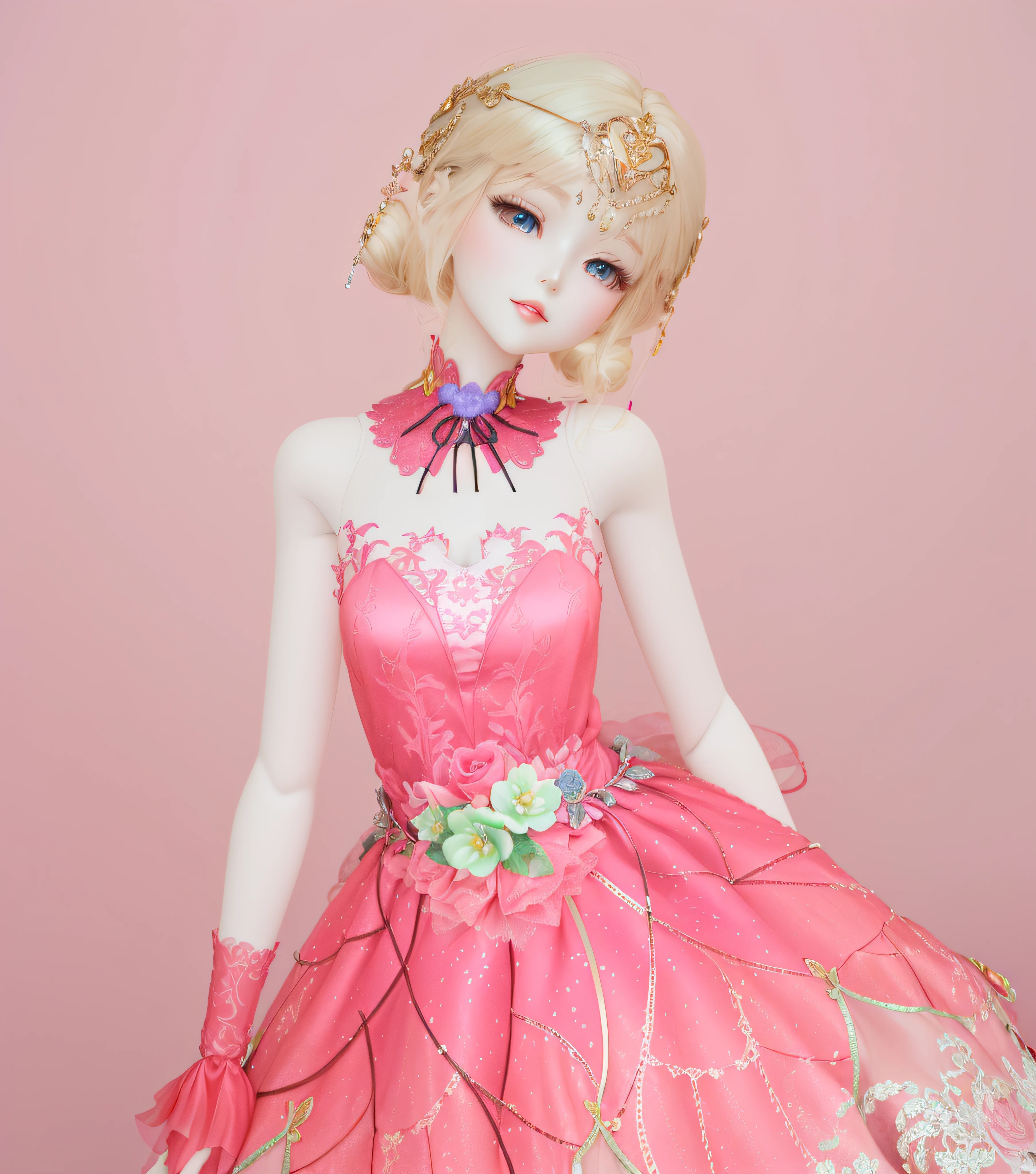 there is a doll that is wearing a pink dress and a tiable, loli in dress, royal elegant pose, cute elegant pose, loli, elegant glamor pose, wearing pink floral gown, dressed in a pink dress, lovely languid princess, wearing a pink ballroom gown, elegant floating pose, inspired by Sim Sa-jeong, anime styled 3d