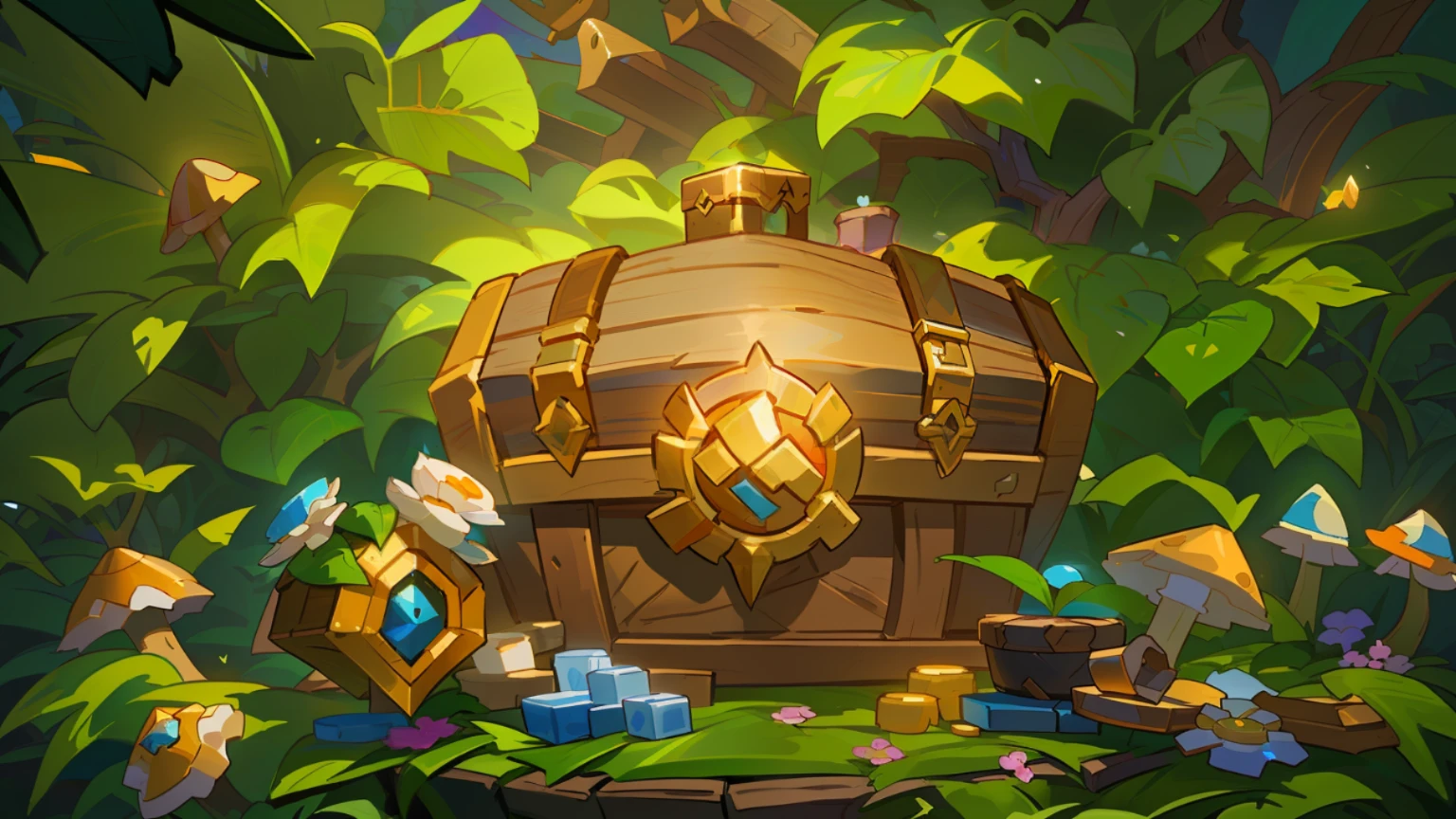 There is a wooden treasure chest on the tabletop，shrooms,blossoms，In the background are some large green leaves， hearthstone concept art, blizzard hearthstone concept art, hearthstone card art, hearthstone official splash art, treasure background, fantasy hearthstone art style, hearthstone card artwork, hearthstone art, hearthstone art style, heartstone original art style, hearthstone card game artwork. ”, arte de fundo, hearthstone art style, hearthstone style art