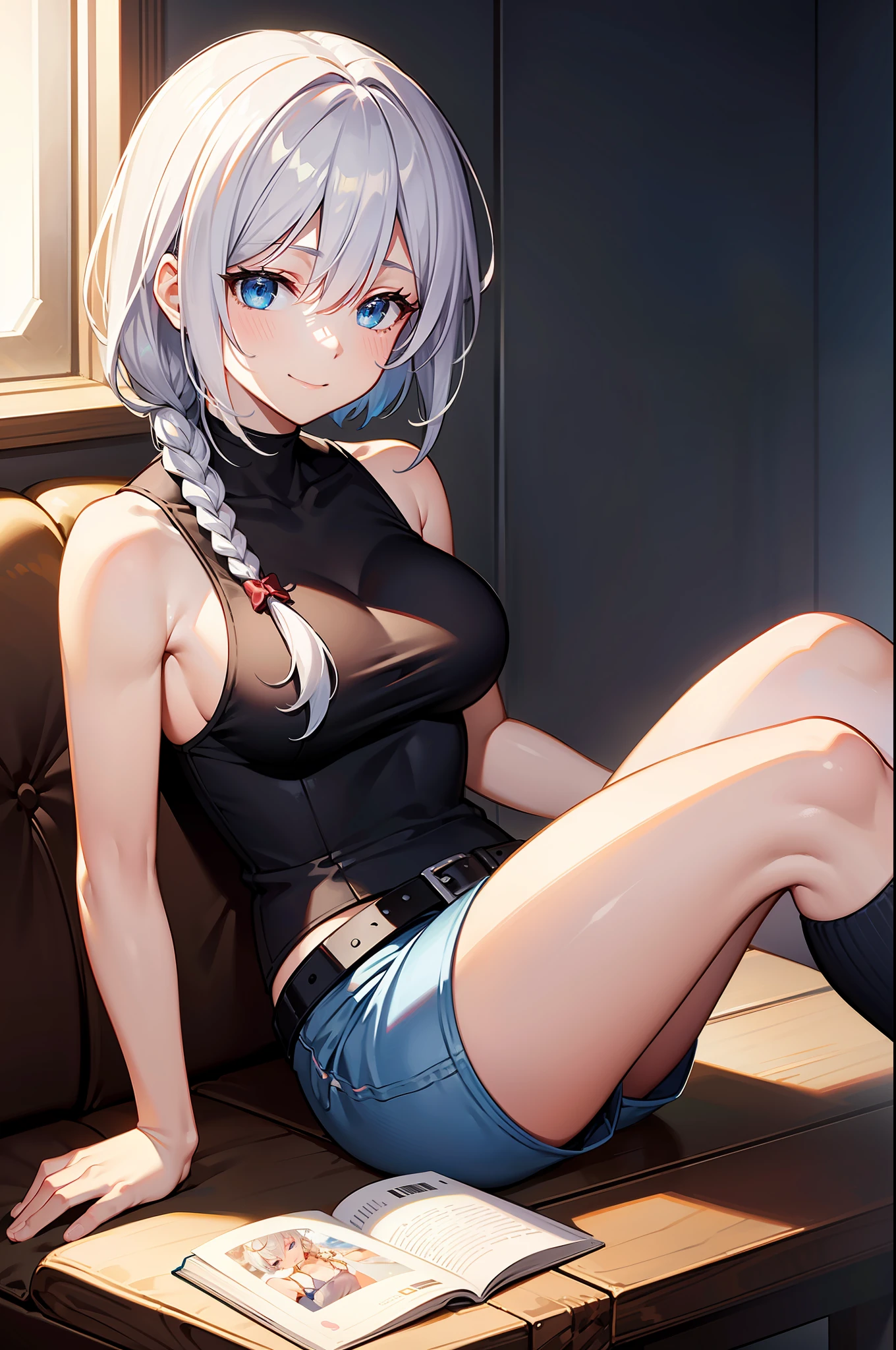 Masterpiece, Best quality, Masterpiece,Best quality,officlal art,Extremely detailed CG unity 8k wallpaper, golden hour lighting, strong rim light, strong shadows, in the cyberpunk city, artbook, Medium hair, White hair, braided, Blue eyes, Medium , Sleeveless shirt, short pant, kneehighs, jitome, Half-closed eyes, :t, ((short braid)),hair between eyes,Sitting,crossed legs,crazy light smile