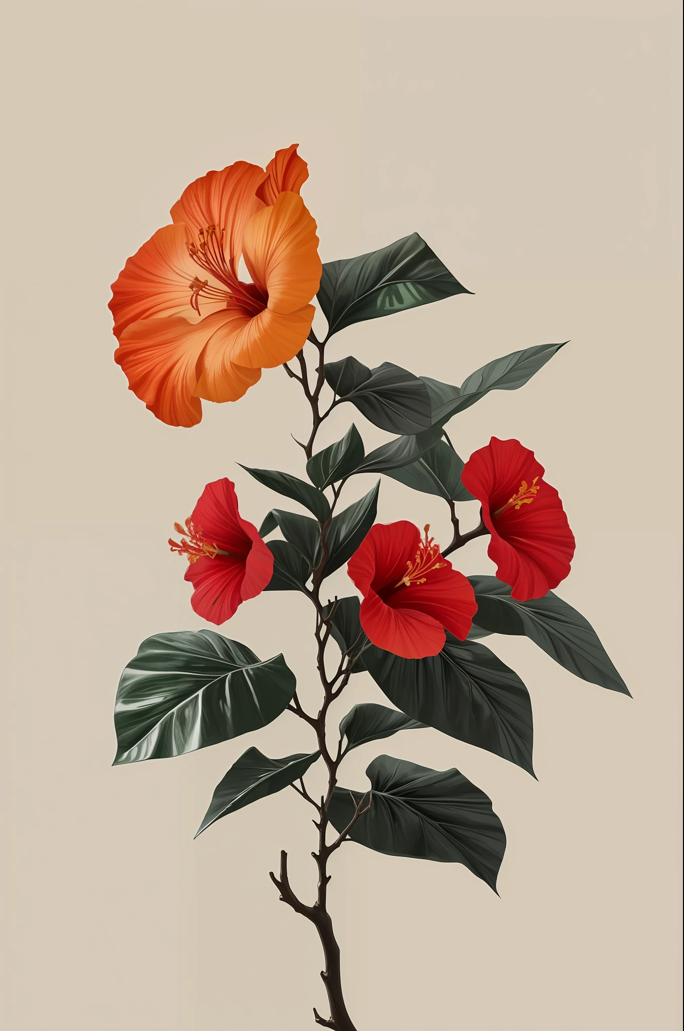 hibiscus flower blooming on a gnarled branch against a grey background, simple background, in the style of light orange and light beige, minimalist images, photography installations, paleocore, green and crimson, hyper-realistic, poetic intimacy