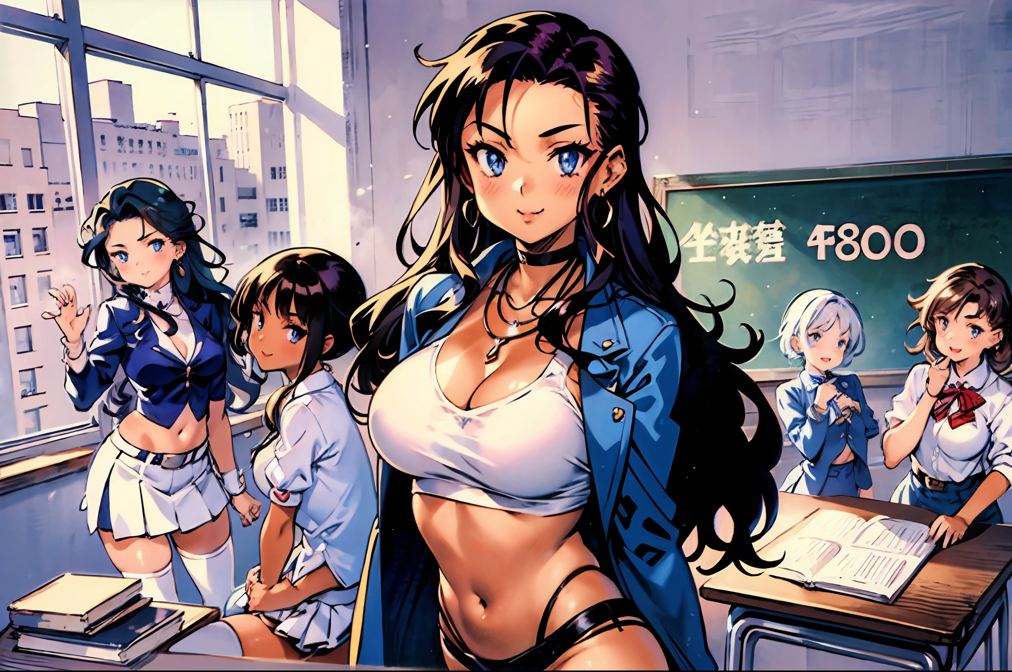 "(masterpiece), best quality, 
(80s anime style:1.4), (4girls, group shot:1.4), 
brown hair, 
(hair slicked back:1.2), (long hair, wavy hair:1.1), 
blue eyes, 
(tan skin:1.4), (curvy body:1.2), 
(large breasts:1.1), 
(red lip stick, eye shadow:1.1), 
light smile, 
belts, earrings, necklace, knee socks, 
school uniform, skirt, midriff peek, 
standing, dynamic pose, 
(cowboy shot:1.1), 
classroom"