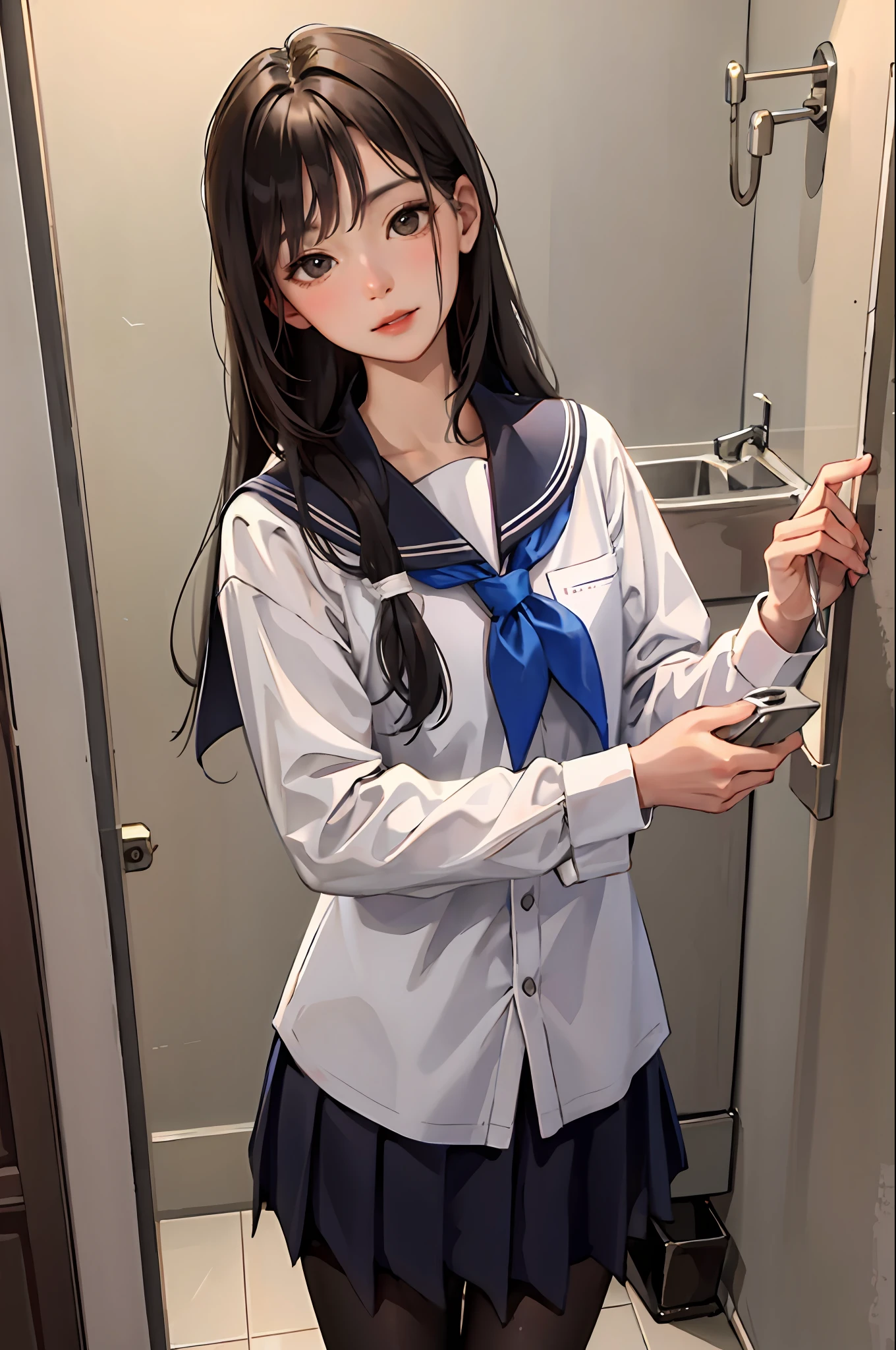 (master-piece:1.2, Need), (realphoto, Crafted with great care), 独奏, 1lady, schools, school uniform, slong hair,Brunette Hair,Black pantyhose,restroom