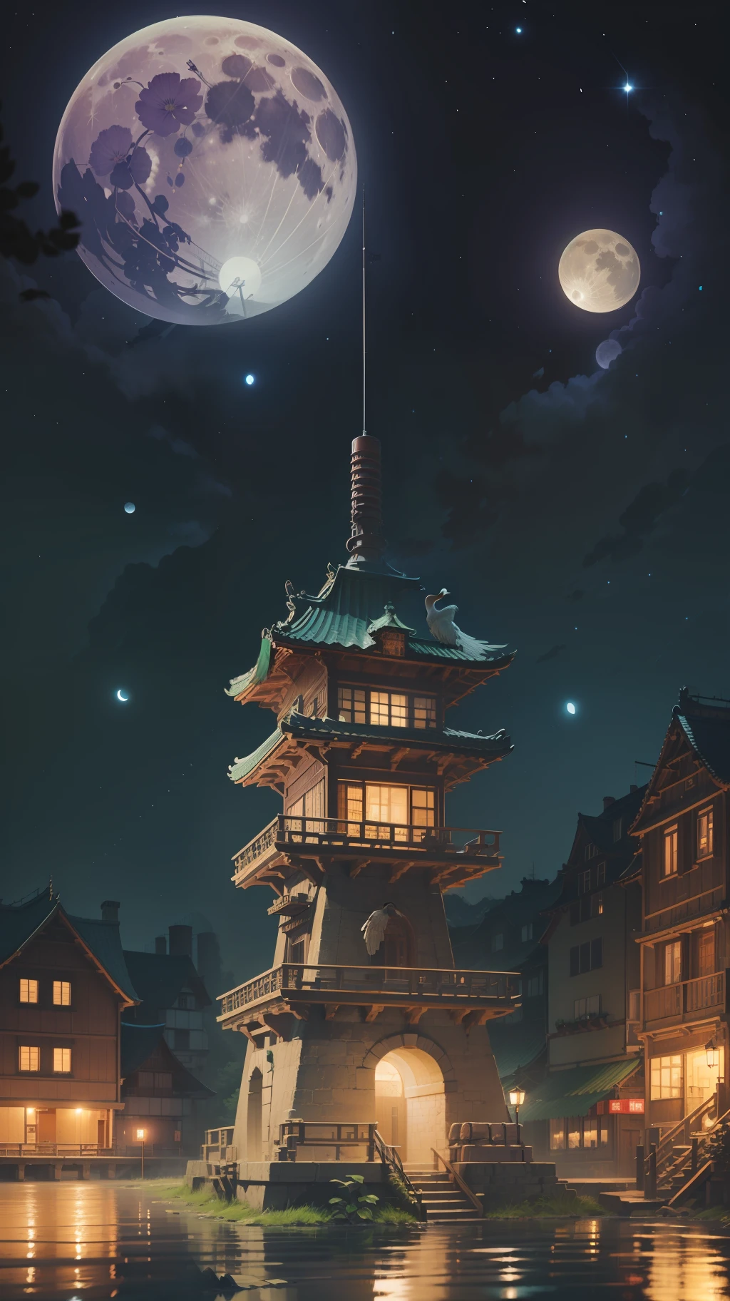 night scene，full moon，river，Yellow crane tower，Li bai，