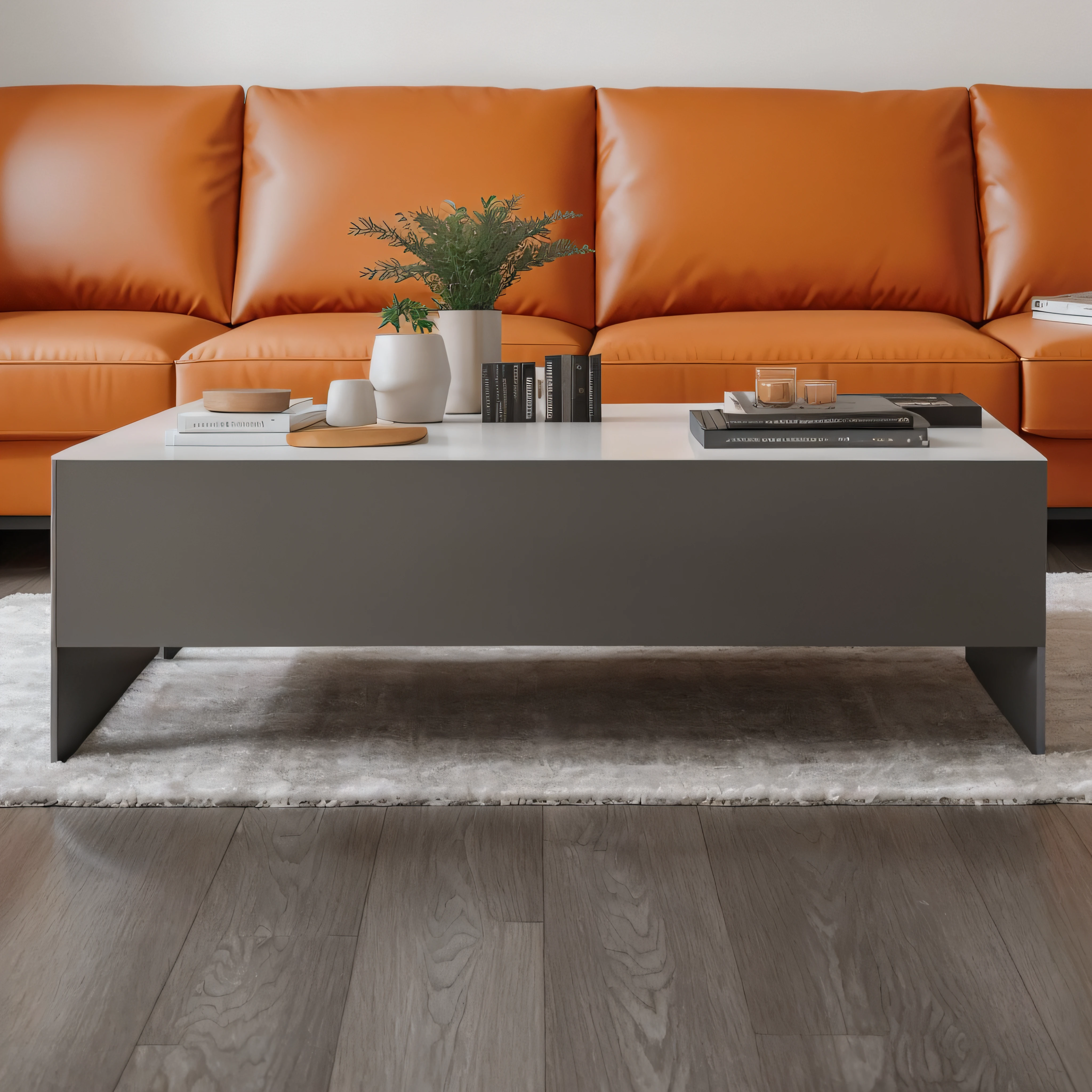 There is a coffee table in the living room，There is a plant on it, luxurious wooden coffee table, placed in a large living room, wooden coffee table, rectangle white porcelain table, on a coffee table, with sleek lines，forceful, fresh modern look, hip modern vibe, in detail, Detailed images, cinematic shot, sitting on a mocha-colored table
