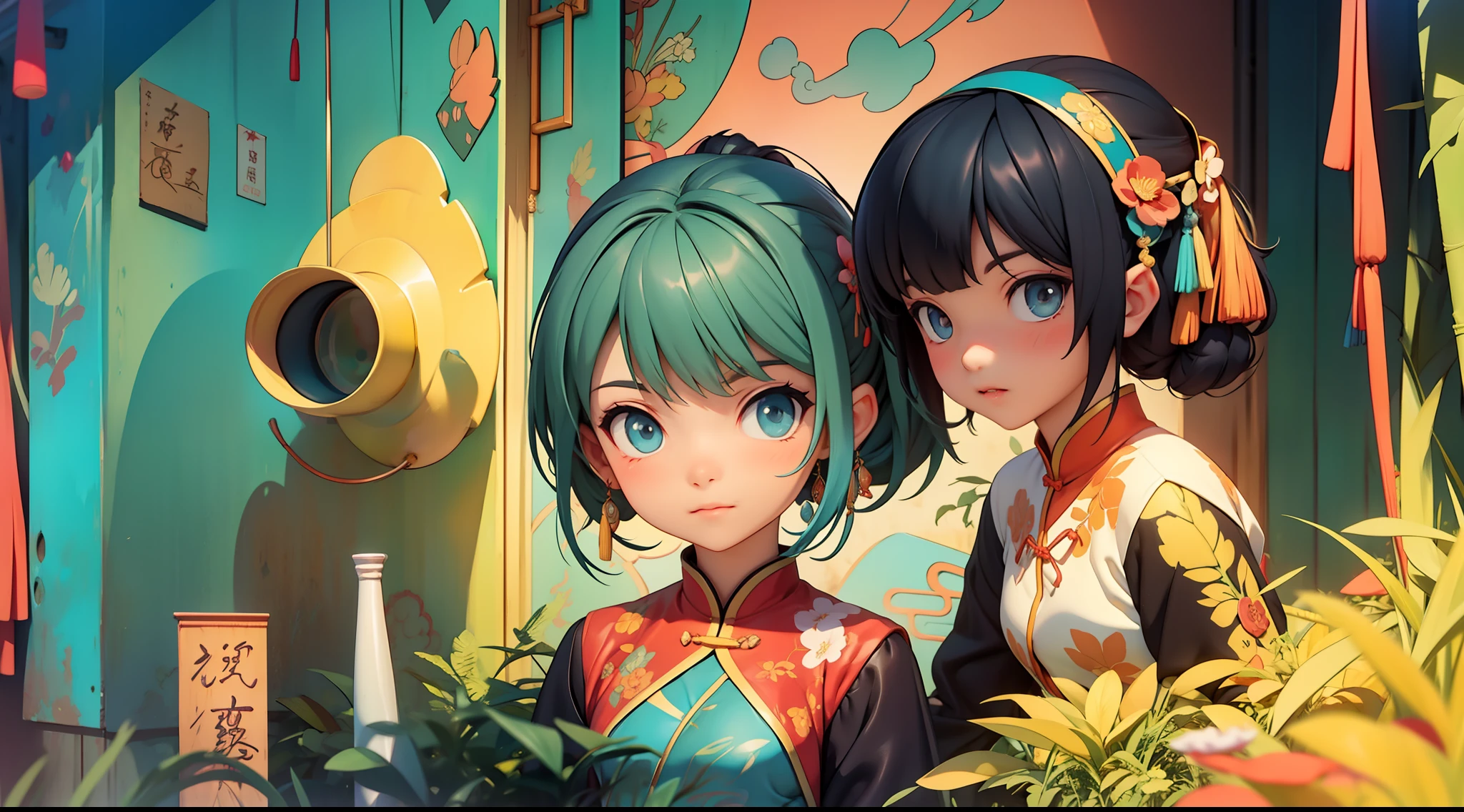 Cartoon characters,Chinese-style clothes,enmaided,Cutes,high resolutions,(Organic theme:1.2),Ultra-detailed BREAK image photography,(analog photography:1.2),bright colours,softfocus,light leaks,dreamlike atmosphere,Experimental charm,Nostalgic attraction BREAK color gamut painting,large swaths of color,abstract expressionism,bold tones,Emotional shock,atmospheric depth,Cartoony,two-dimensional,
