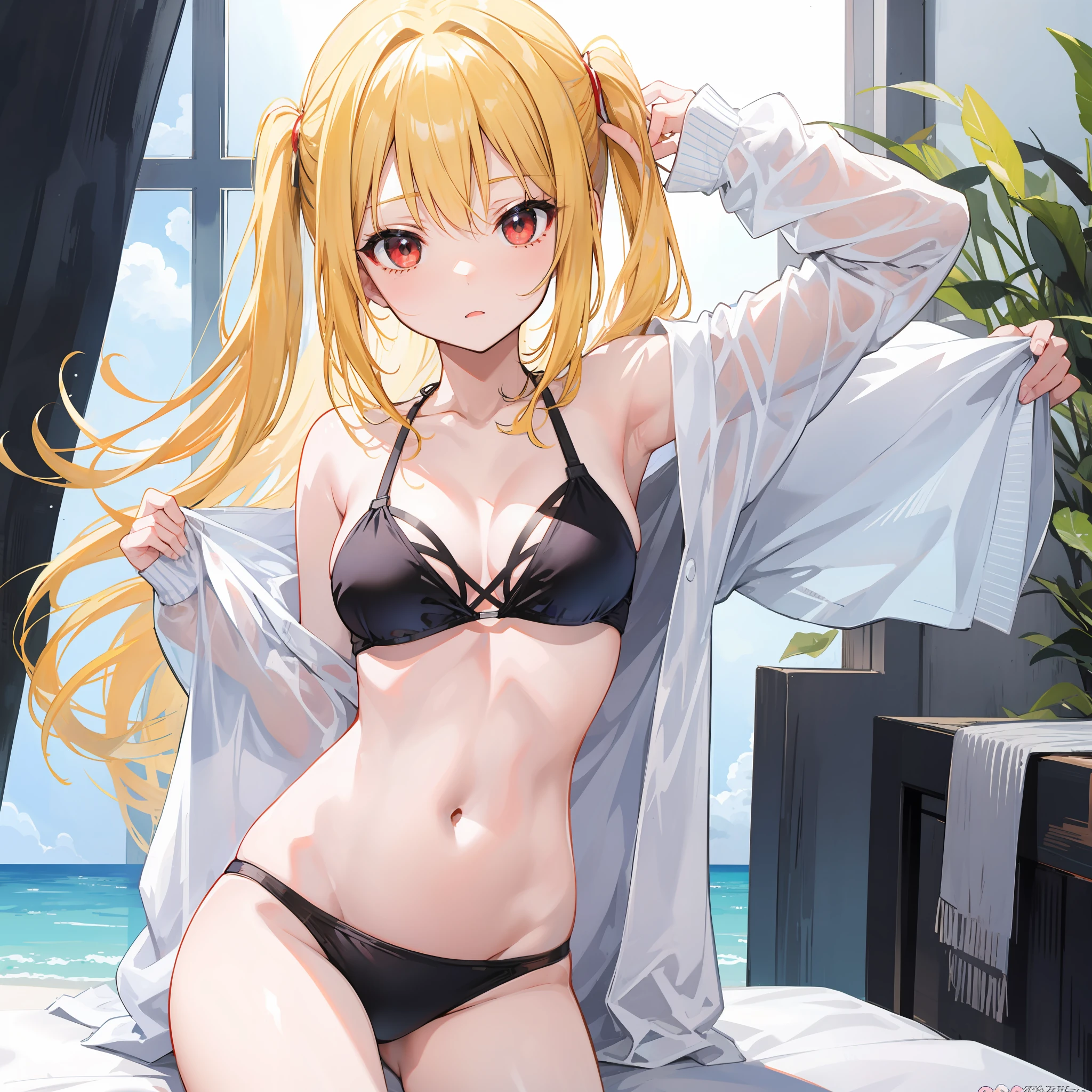 アニメ、Blonde and red-eyed girl、One person、Black Bikini