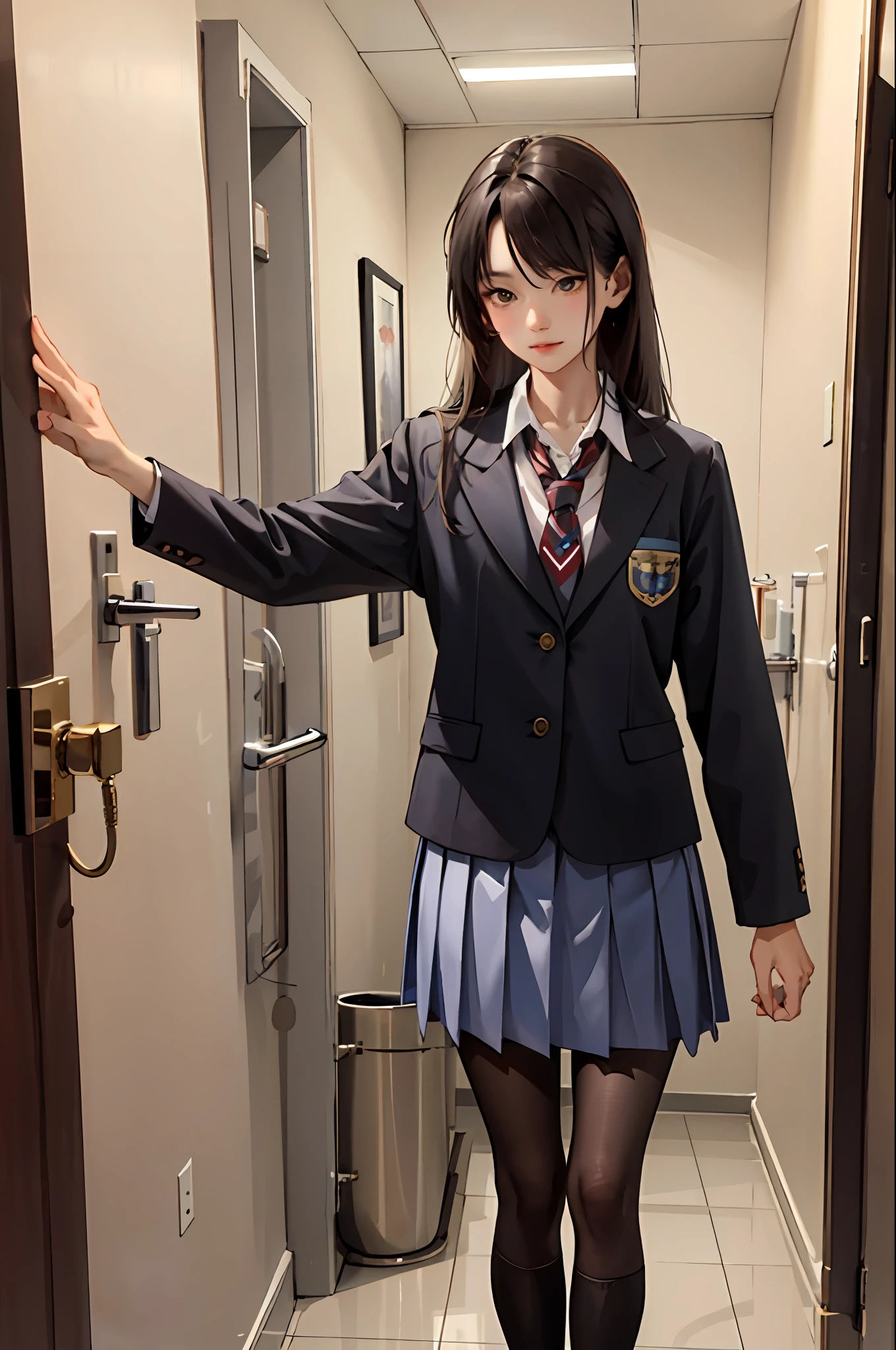 (master-piece:1.2, Need), (realphoto, Crafted with great care), 独奏, 1lady, schools, school uniform, slong hair,Brunette Hair,Black pantyhose,restroom