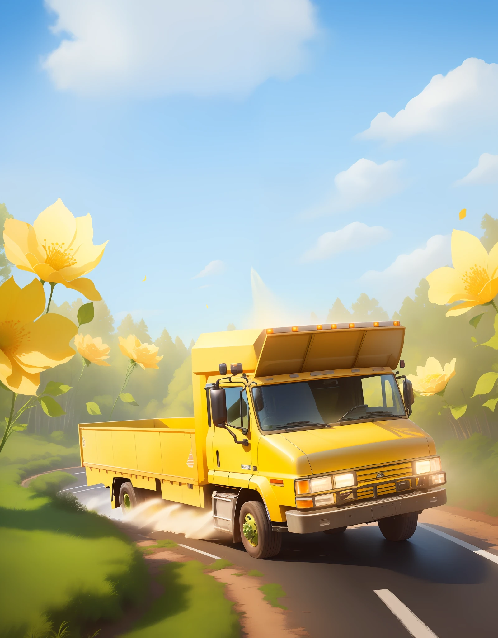 High-definition large image,A cartoon yellow truck drives on a road with a forest background and sprays flowers, Stylized rendering,Blue sky and white clouds in the background