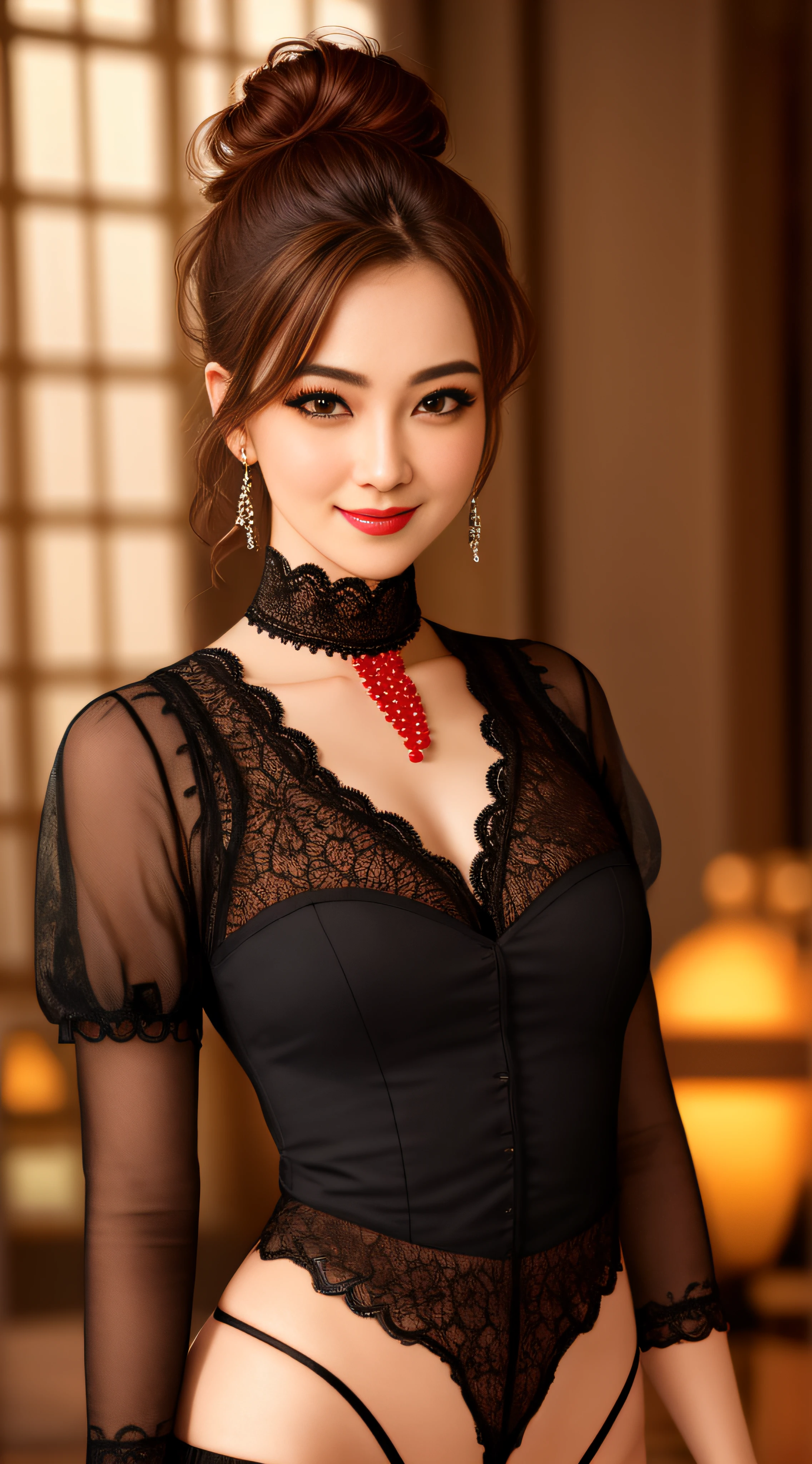 4K，master-piece，high resolutions，absurdities，Lifelike，Cute and charming face，smiled，edg_gargantilha，A woman wearing a black lace collar，Red beads，Edg on the neck_gargantilha，cowboy lens，high-heeled shoes，front facing，full - body，standup