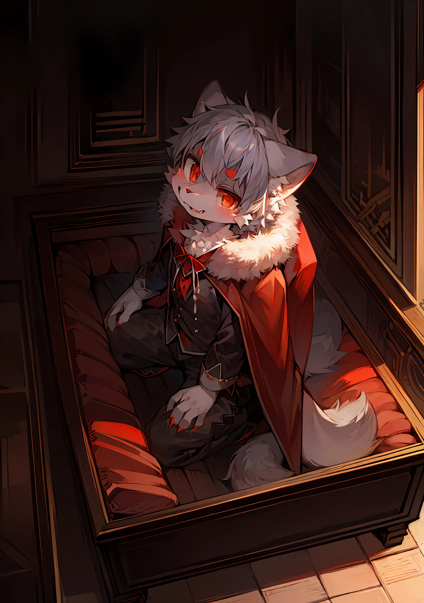 (dark environment:0.8),masterpiece, high quality, absurd res, digital painting \(artwork\), by dagasi, yupa,kiyosan,(anthro,fluffy fur,character focus:1.1),anthro male cat,short hair,portrait, bright eyes,panorama,character focus.(detailed background:0.7),solo,furry,furry male ,male focus,anthr,(Full body fur, fluffy tail, white fur,red eyes,gray hair:1.2),(long canines,vampire, cape:1.2),(interior,night, castle, coffin:1.1)