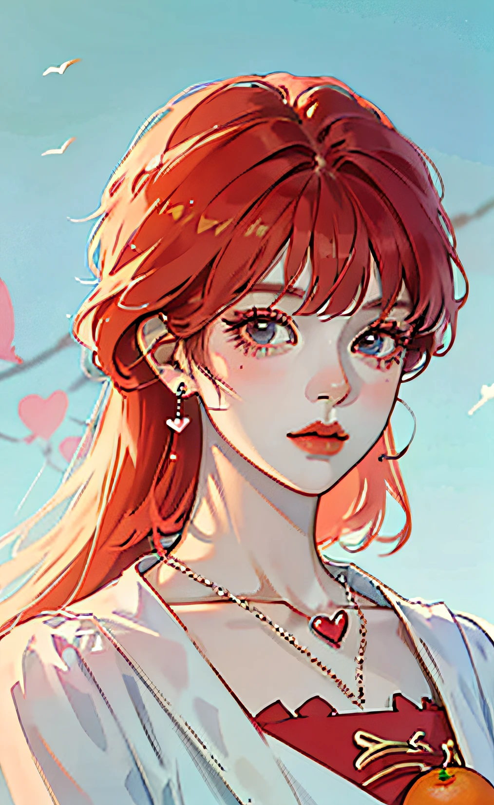 Anime girl with raspberry red bangs balls head holding an orange, Very nice and cute girl, kawaii realistic portrait, cute art style, Fair girl, Beautiful anime girls, girls, Realistic anime art style, in the art style of bowater, Cute anime girl, Charming girl, digital anime illustration, soft anime illustration, anime style portrait,Wear a heart-shaped necklace around your neck,Wear a small kite earring,Bangs ball head,8K,Rose red hair color