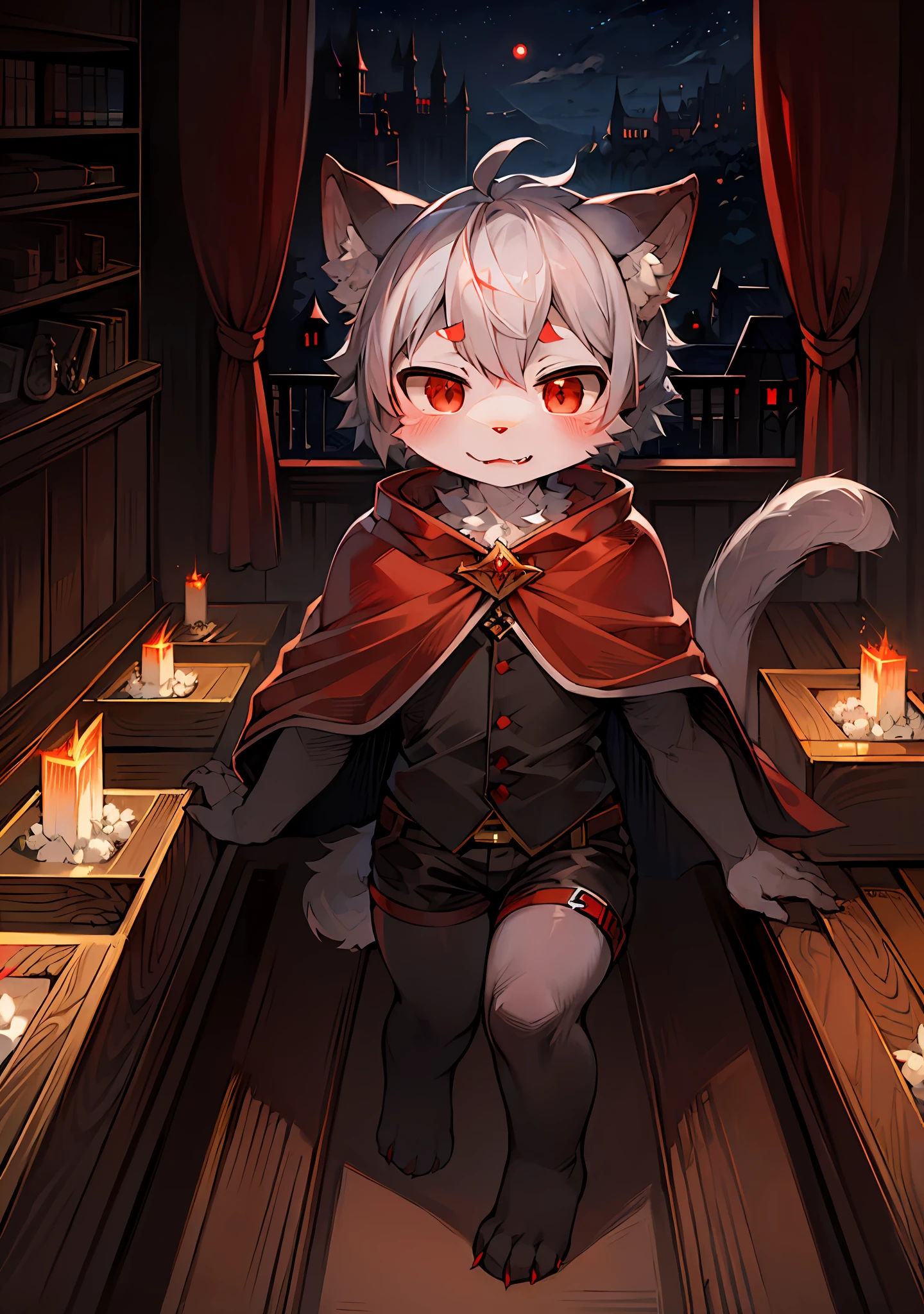 (dark environment:0.8),masterpiece, high quality, absurd res, digital painting \(artwork\), by dagasi, yupa,kiyosan,(anthro,fluffy fur,character focus:1.1),anthro male cat,short hair,portrait, bright eyes,panorama,character focus.(detailed background:0.7),solo,furry,furry male ,male focus,anthr,(Full body fur, fluffy tail, white fur,red eyes,gray hair:1.2),(long canines,vampire, cape:1.2),(interior,night, castle, coffin:1.1)