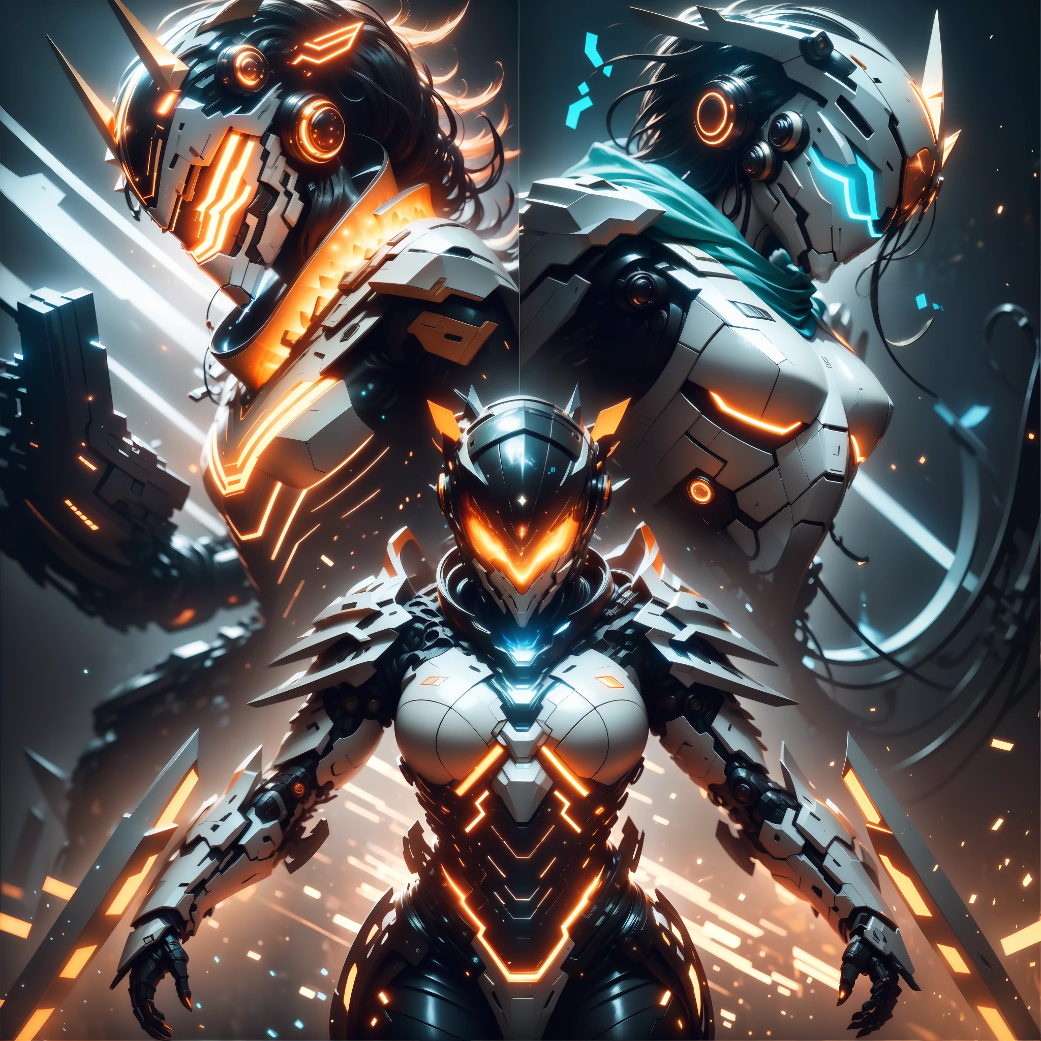 My Mecha and I,2 people apart,Back-to-back combat stance,Film pictorial composition,Lifelike,metallic shine,glint,bioluminiscent,galactic cybernetic mask,mechamusume,(assassin:1.2),Scarf,Glowing cloak,SH4G0D,Cinematic Lights,Orange tones,Glowing color palette:orange color,Dark gold,Bright white,arma,Glaive,Milky Way background,back lights,high-contrast,Unreal 5,Very detailed details,4K,8K,wall paper,master-piece。