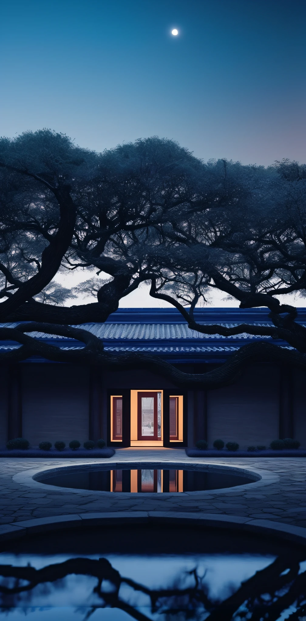 There is a swimming pool in front of a building,A tree in the background, japanese house, inspired by Itō Jakuchū, Japanese architecture, ryohji hase, Zen temple background, mysterious exterior, arhitectural shot, night time render, japanese temple, archviz, high quality rendering, Ancient Japanese architecture, architectural render, archviz