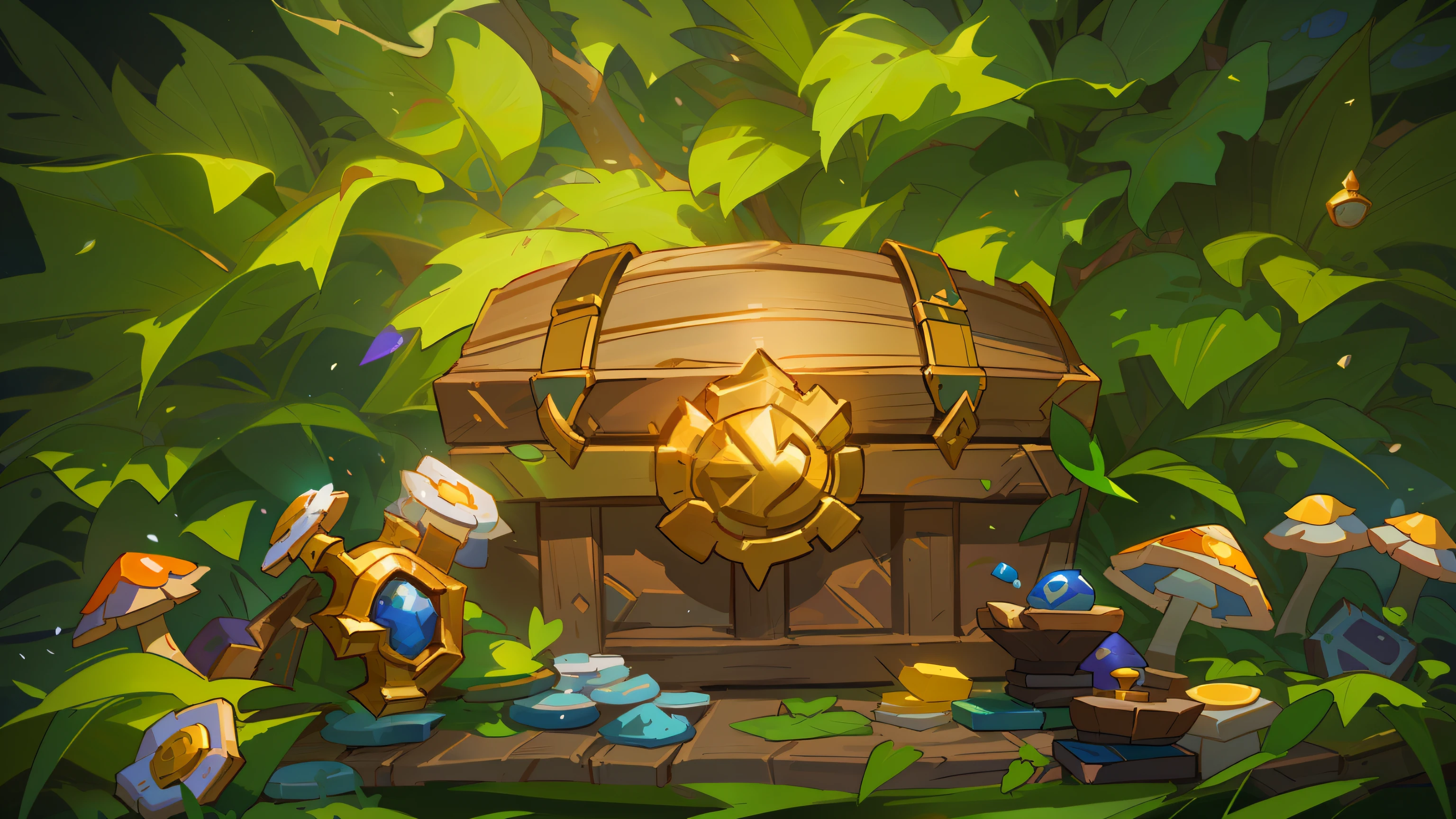There is a wooden treasure chest on the tabletop,shrooms,blossoms,In the background are some large green leaves, hearthstone concept art, blizzard hearthstone concept art, hearthstone card art, hearthstone official splash art, treasure background, fantasy hearthstone art style, hearthstone card artwork, hearthstone art, hearthstone art style, heartstone original art style, hearthstone card game artwork. ”, arte de fundo, hearthstone art style, hearthstone style art
