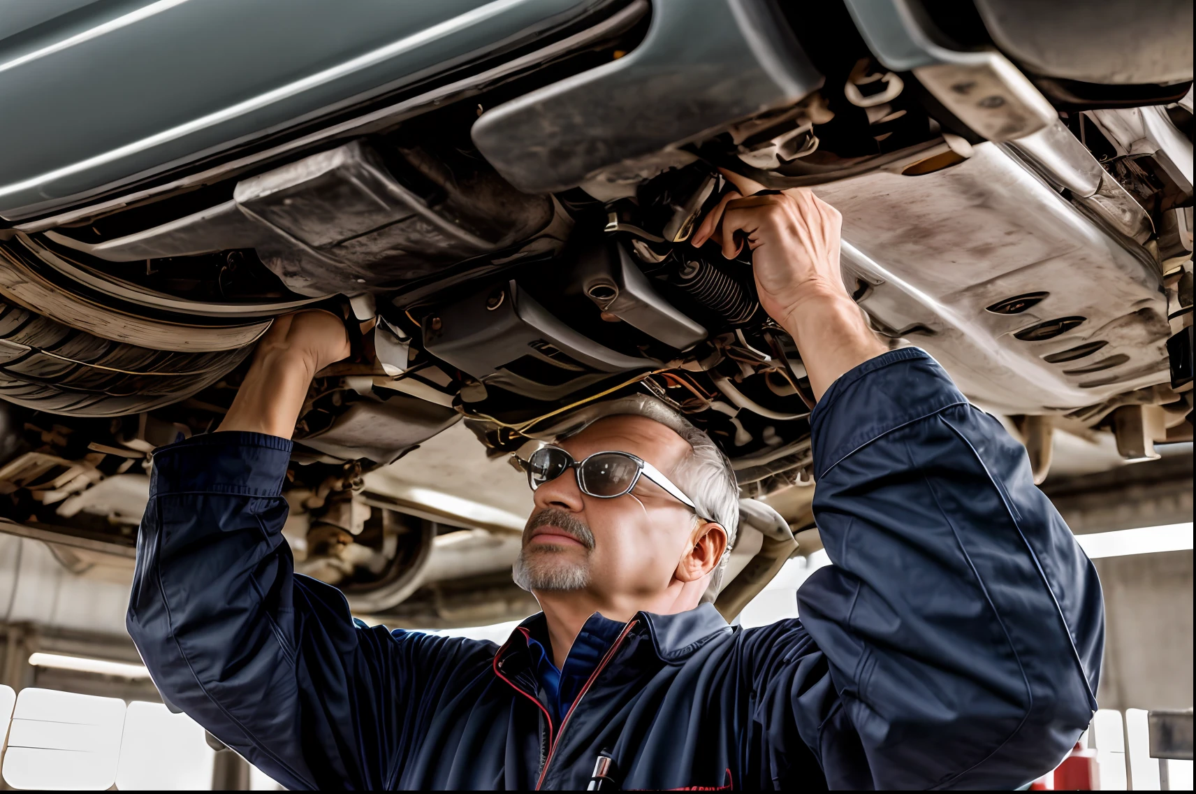 American uncle works on the car under the vehicle, mechanic, maintenance photo, old charismatic mechanic, Professional work, Underbody, stock photo, 136412351, 2806927615, marketing photo, mechanics, shutterstock, automotive, 2708519935，Maintenance, old charismatic mechanic, 4l, environmental shot, description,Maintenance, old charismatic mechanic, 4l, environmental shot, description,