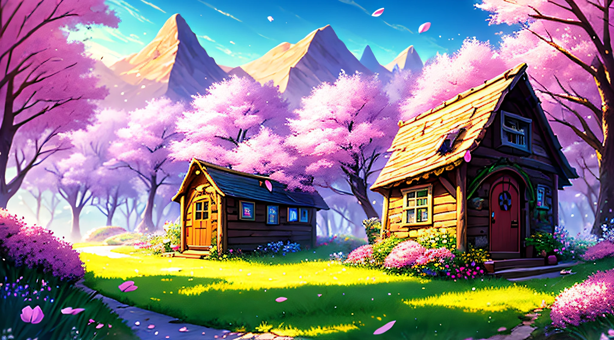 mountain valley，Green fairy chalet，Pink City Protector，Spring，brook，24K HD ，Fine image quality，Master paintings，Ultra-detailed description