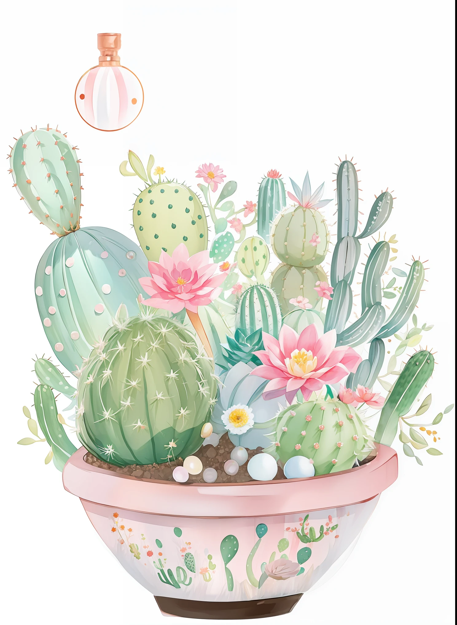 There is a cactus plant in the pot,There is a pink flower on it, patchy cactus, cactus and flowers, cacti, lush green cactus, cacti, cacti everywhere, cactus and pearls over the head, Stylized digital illustration, art illustration, anthropomorphic cactus, robotic cactus design, watercolor illustration style, Watercolor illustration, Digital illustration, cactus adjacent, illutstration