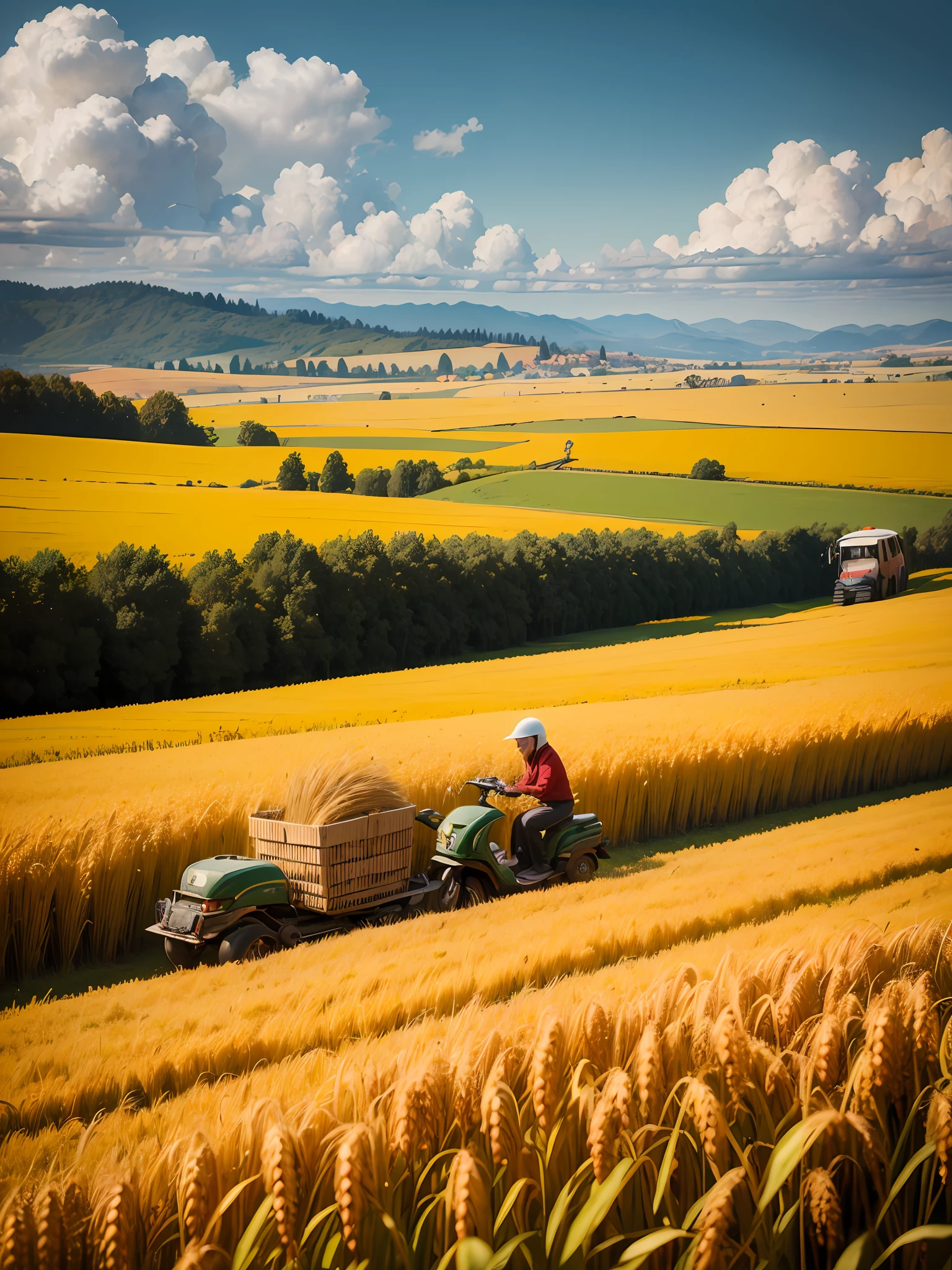 harvest，Tian Kan，Farmers，farm，Figure，wheat，autumnal，bumper harvest，Scooters，Bundles of wheat