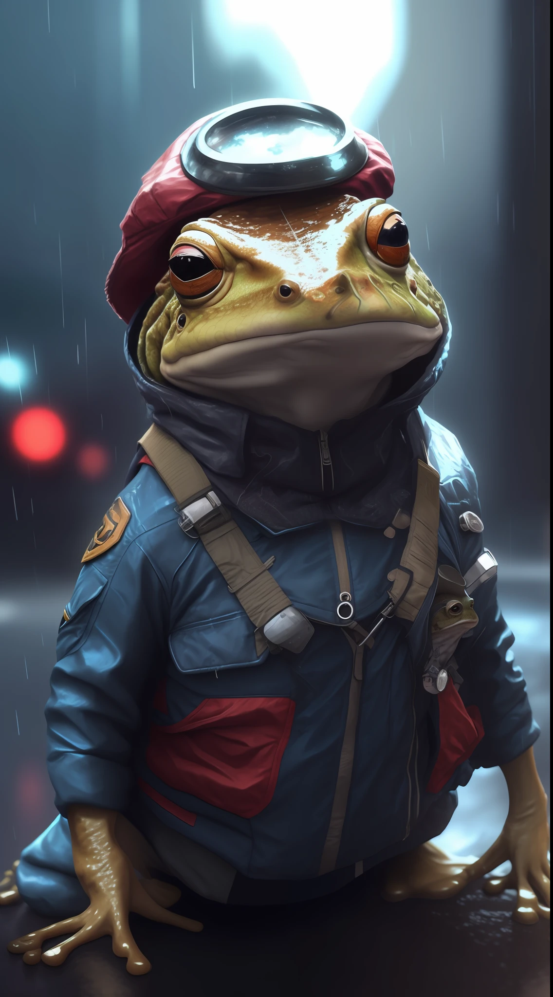 there is a toad with a hat and jacket on in the rain, wojtek fus, cyberpunk frog, ultra realistic concept art, hyperrealistic concept art, photorealistic concept art, highly realistic concept art, sci-fi lizard alien, hyperrealistic concept art, rolands zilvinskis 3d render art, realistic concept art, photorrealistic concept art