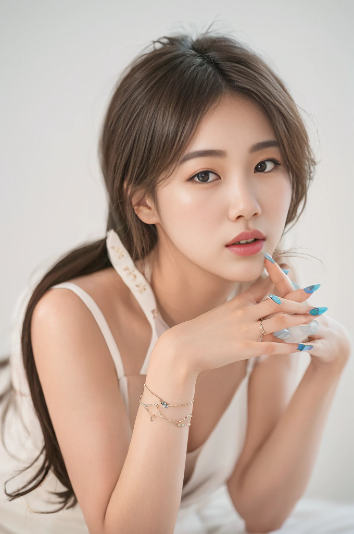 best qulity，Super realistic，araffe woman with long hair and a white dress laying on a bed, gorgeous korean young woman, Beautiful young Korean woman, Beautiful Korean Woman, portrait of female korean idol, dilraba dilmurat, heonhwa choe, young adorable korean face, lee ji-eun, lee ji-eun, park jimin, popular korean makeup，Super meticulous hands