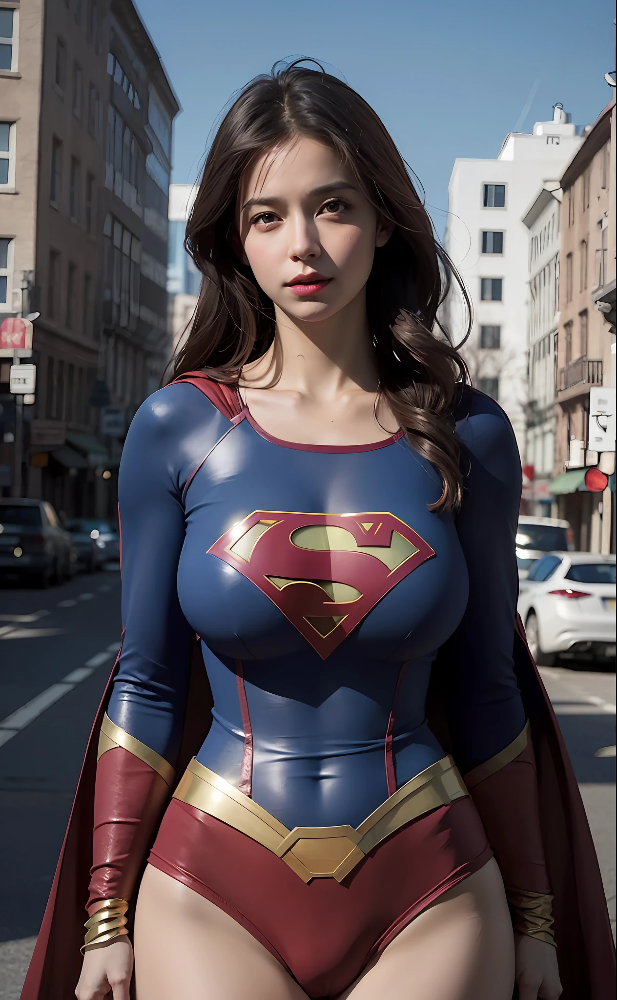 half-length,1girl,(Perfect figure,be tall and slim),solo,standing,(outdoor:1),sky,Focus on the face,Beautiful face,Detailed delicate young face,supergirl, (Super girl suit:1.5),Jumpsuit,(huge breasts,Big tits,Big breasts:1.3),thigh gap,camel toe
realistic style,vivid picture,masterpiece, (best quality:1.2),ultra-detailed,realistic,High definition,High quality,Cinematic Light,Ray tracing,ultra high res,UHD,(photorealistic:1.5),intricate details,detailed texture,finely detailed,High quality shadow