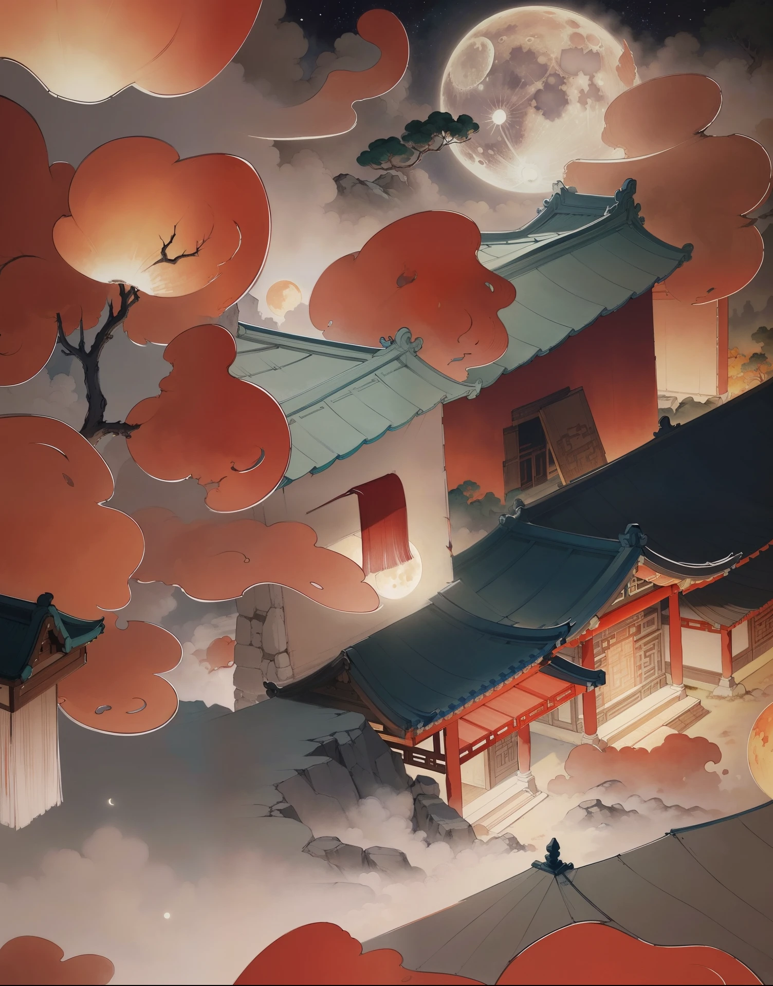 Ancient Chinese landscapes,ancient buildings,Pavilions,Carved beams and paintings,enchanting scenery,night,moon rays,Layered, rich light and shadow,mid-autumn festival, Ink painting style,clean color,Low-saturation colors,Colors of low brightness,Decisive cut,Leave white space,Freehand,master-piece,is super detailed,Epic composition, Maximum quality,The ultra-Realistically,Art by Artgerm --v 6