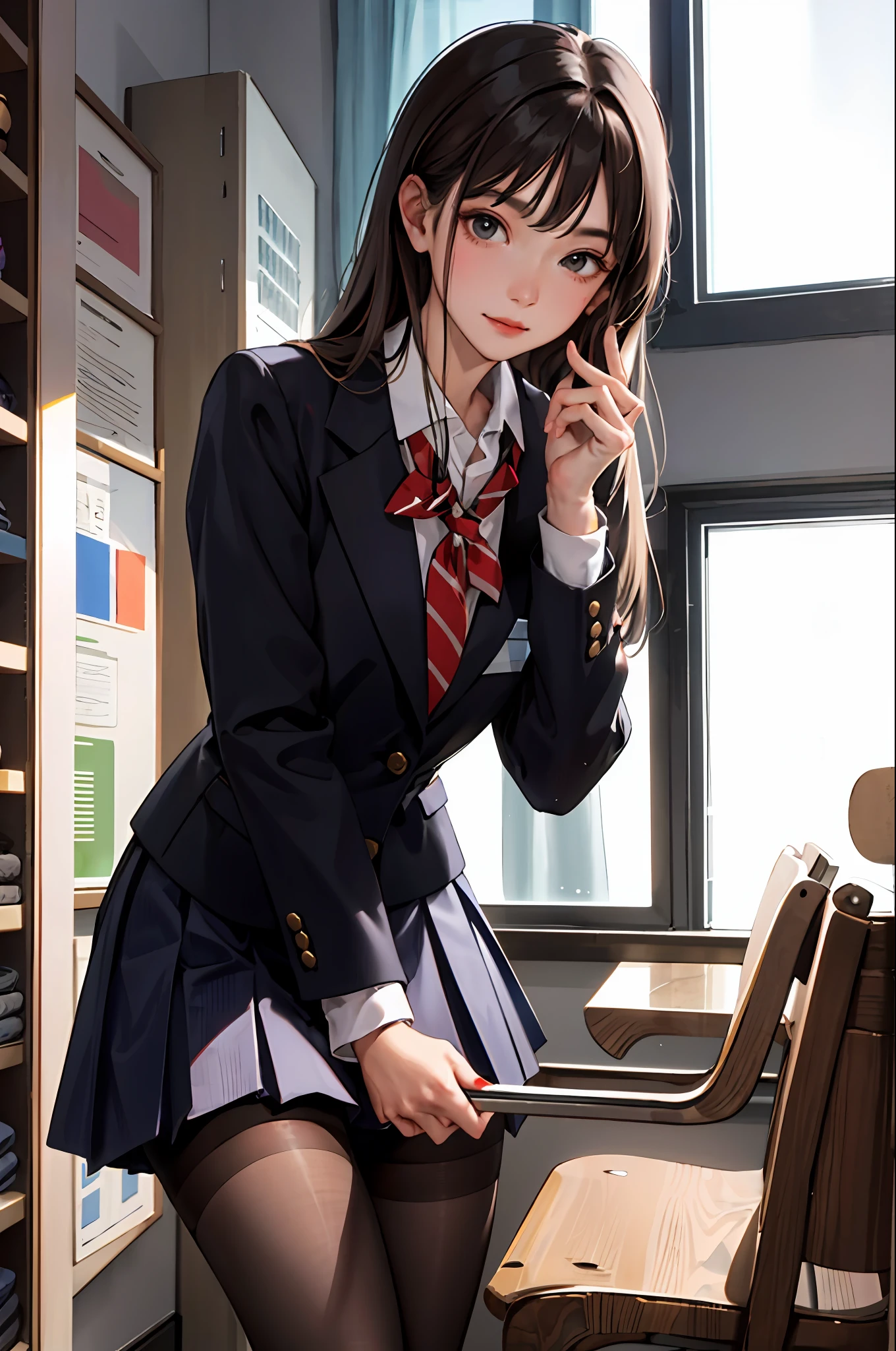 (master-piece:1.2, Need), (realphoto, Crafted with great care), 独奏, 1lady, schools, school uniform, slong hair，Brunette Hair，Black pantyhose，restroom