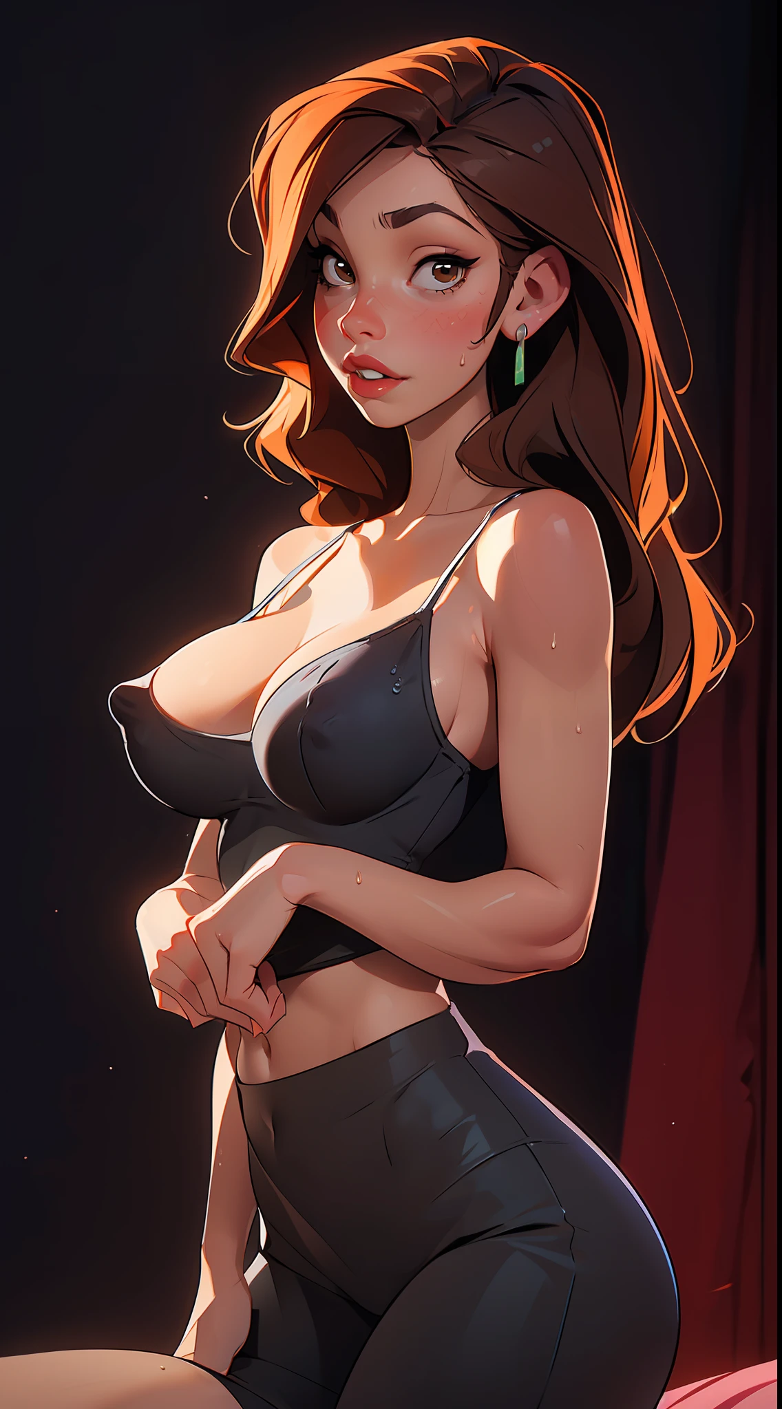 photo of a young girl in a black tight cami, , (((erect nipple))), Bangs, Bare Shoulders, black tight short lace panties, Breasts, beautiful big breasts, Breasts squeezed together, detailed luxury living room background, Hair between the eyes, Long hair, oval face, double eyelids, Parted lips, brown eyes, solo, ((areolas)), (cleavage), armpit[wrinkles], delicate and sexy(collarbone:1.3), light brown hair, (Shiny skin:0.8),(Masterpiece:1.4),(Best quality:1.4), Natural(Huge breasts:1.25), Shiny Red lips, Perfect abs, (sheer areola), (sheer fabrics), wet(sweaty, soaked), (sfw)