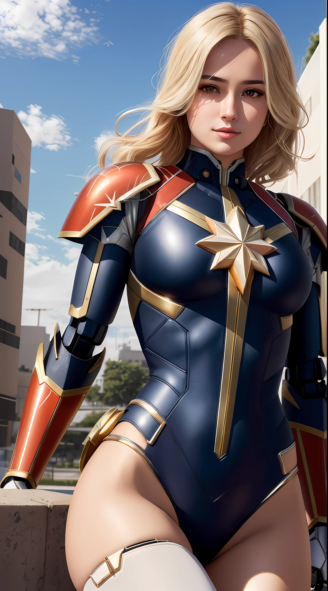 (best quality:1.23), (masterpiece:1.22), (film grain, skin details, 4k:1), (photorealistic:1.3), (detailed:1.15), (intricate pauldron:1.3), metallic belt and pauldron, (mecha  bodysuit:1.4),beautiful hottie the  captain marvel, Sitting on edge pose, abs, cyberpunk night street, whole body view, Steel gray hair ultra micro lacy underwear, cameltoe,  Fit body,beautiful hair Side braid, realistic photo, innocent expression, girly, beautiful chest, beautiful thighs, beautiful hip, light particles, pixiv, high quality, 8K, highly detailed, fine detail