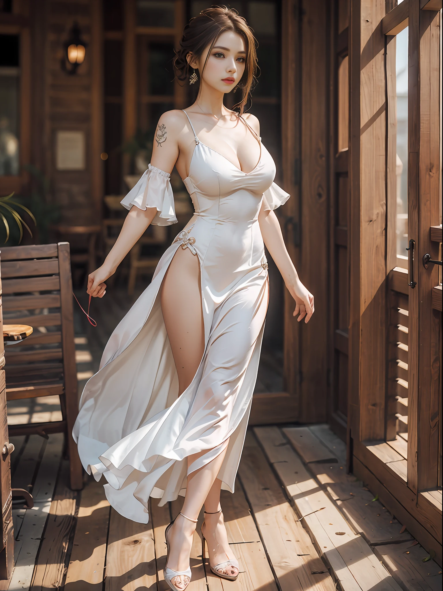 dragon_real, (extremely detailed CG 8k wallpaper, masterpiece, best quality, ultra detailed, beautiful detailed eyes: 1.2), best lighting, (best shadow, extremely delicate and beautiful bloom), the girl was surrounded by dragons, ( 1girl: 1.4), breasts, solo, full body, back tattoo, white dress, (dragon color: 1.4), bare leg, long dress, walking towards the camera:1.2, facing to the camera:1.2
