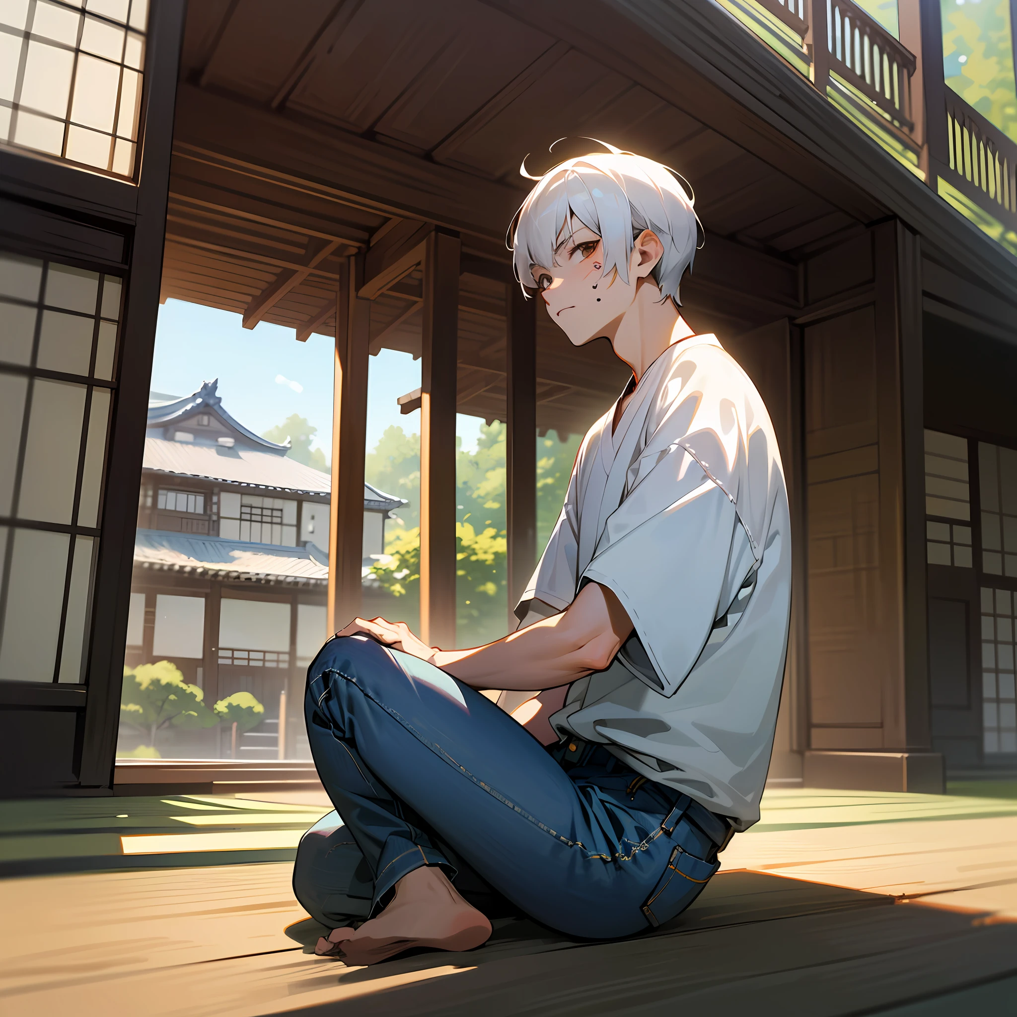 (absurdres, highres, ultra detailed, HDR), masterpiece, best quality, inumaki toge, 1man, solo, handsome, short hair, white hair, facial mark, closed mouth, small hands, loosen t-shirt, jeans, sitting, japanese style, house, from side, look at viewer --auto