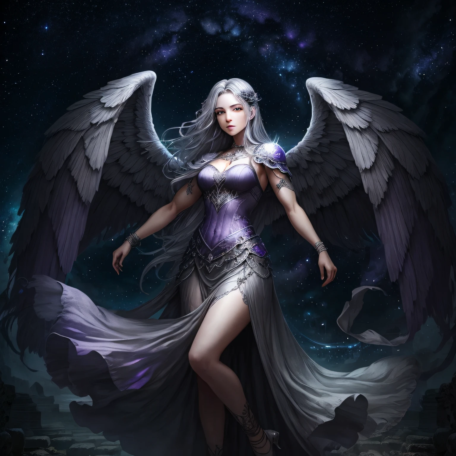death, mystery, myth, women, strong, dancing, purple eyes, ancient, 2 color, wings, silver grey dress, night sky, stars --auto